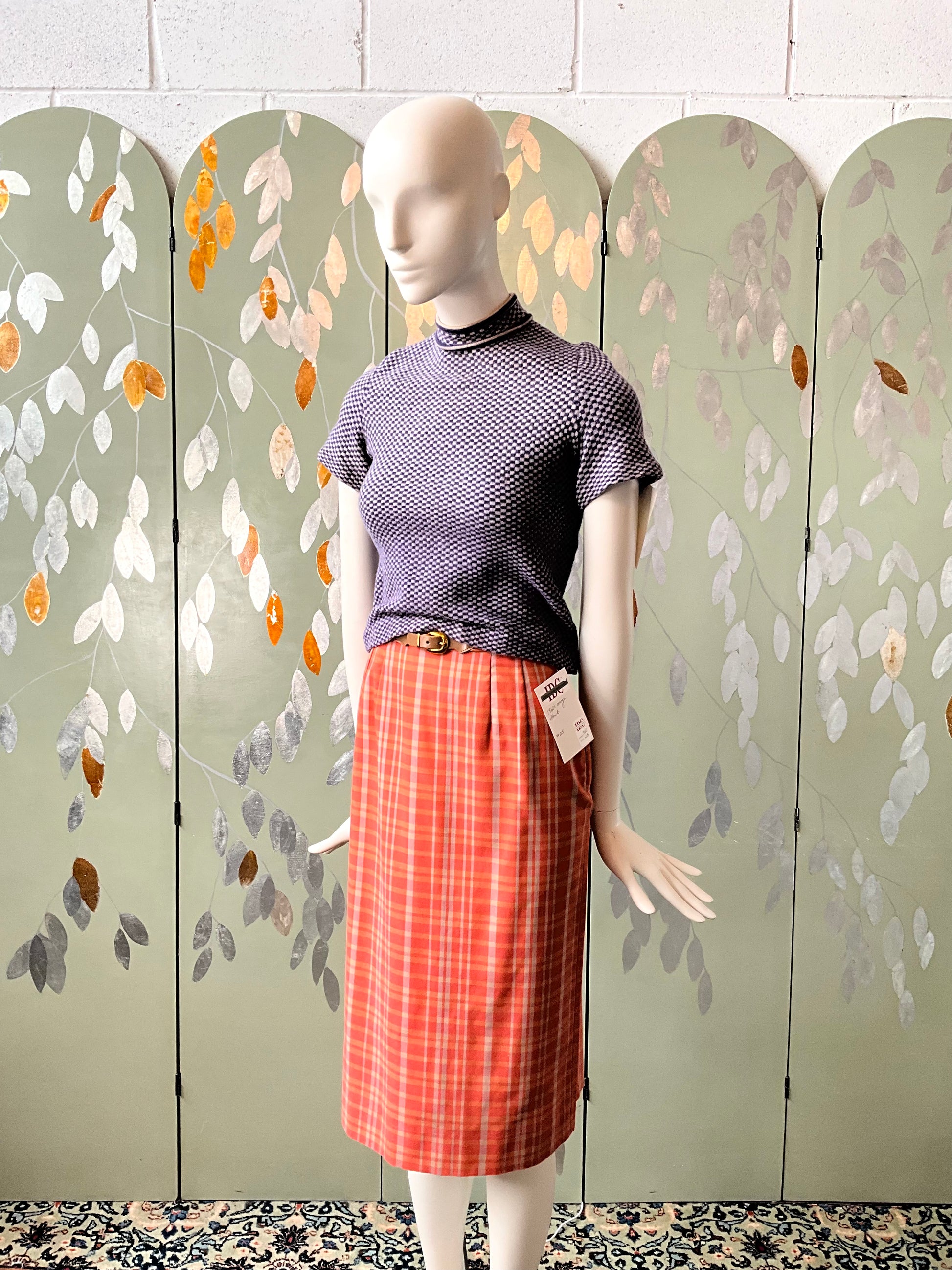 Vintage 1960s Koret Orange Plaid Pencil Skirt Xs