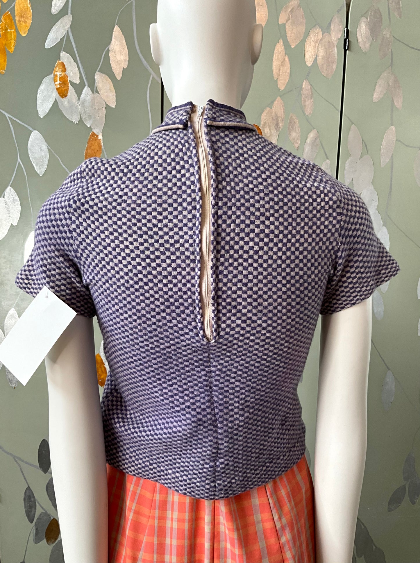 Vintage 1960s Short Sleeve Purple Check Knit Baby Tee, XS