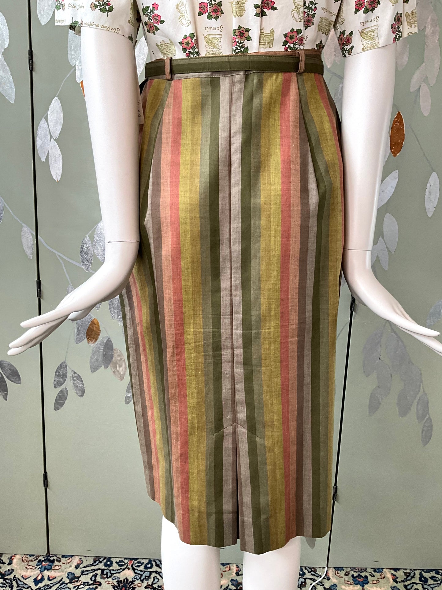 Vintage 1960s Koret Green Red Striped Pencil Skirt, XS