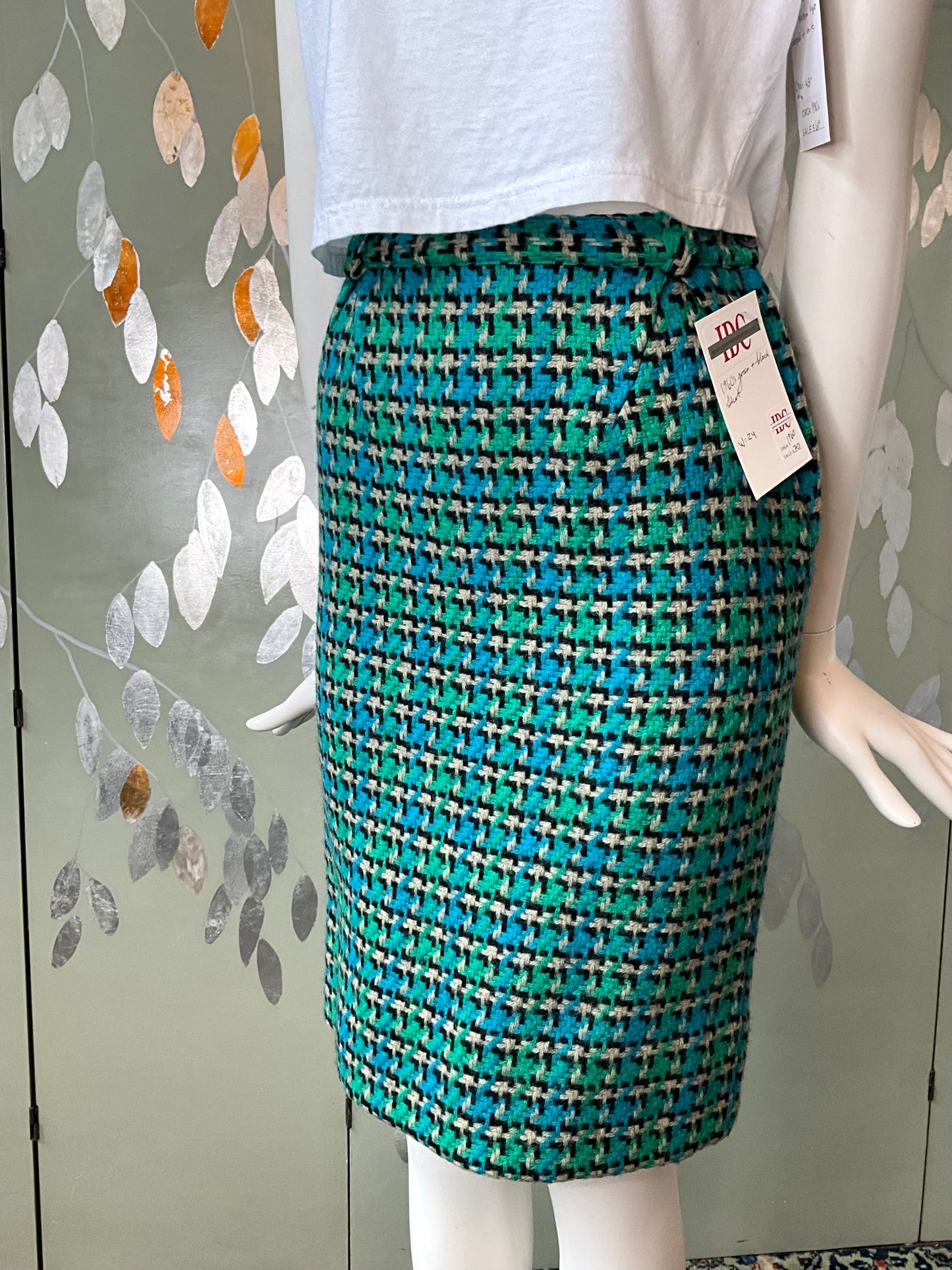 Vintage 1960s Green Blue Tweed Pencil Skirt, XS 