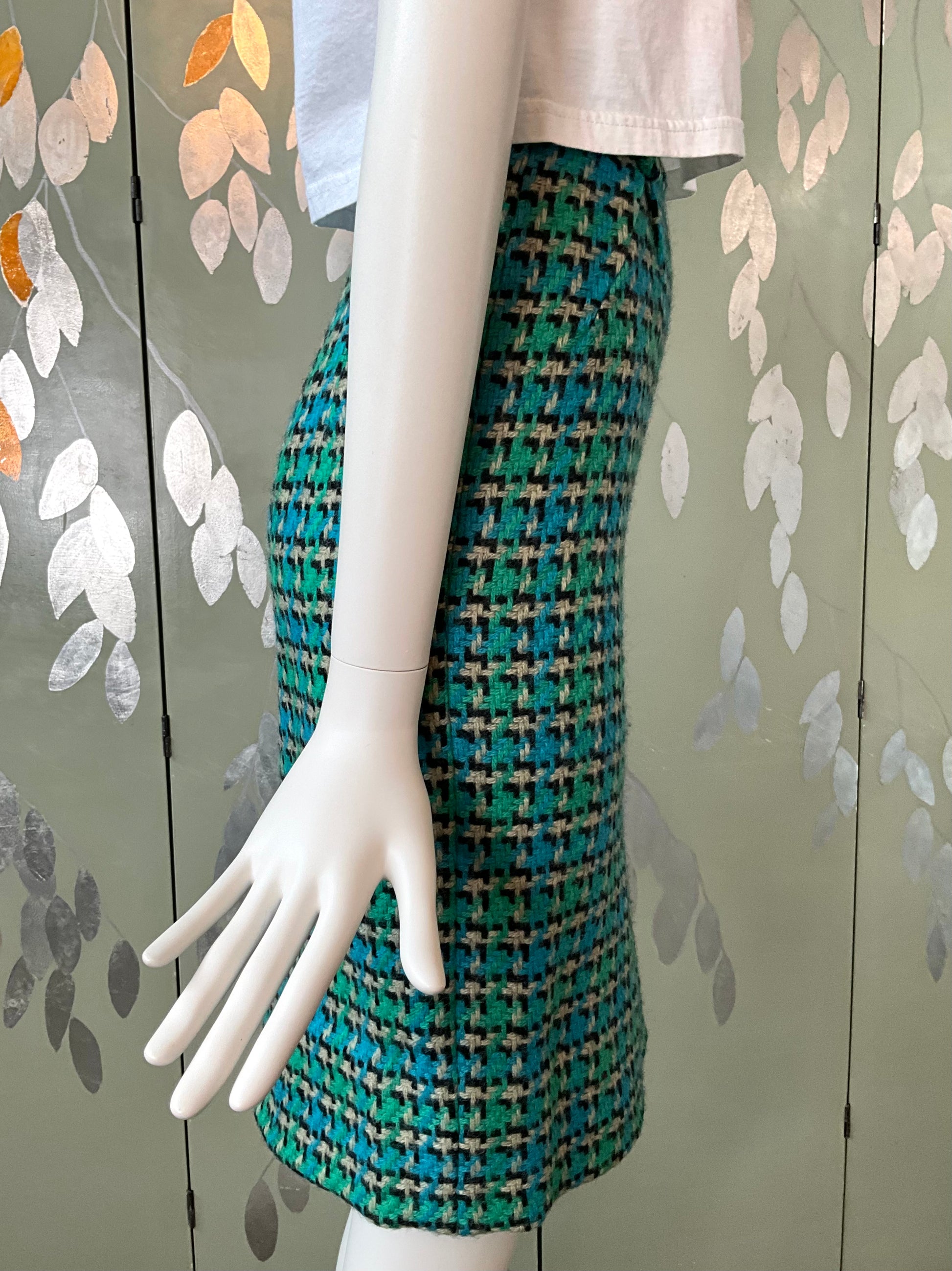 Vintage 1960s Green Blue Tweed Pencil Skirt, XS 