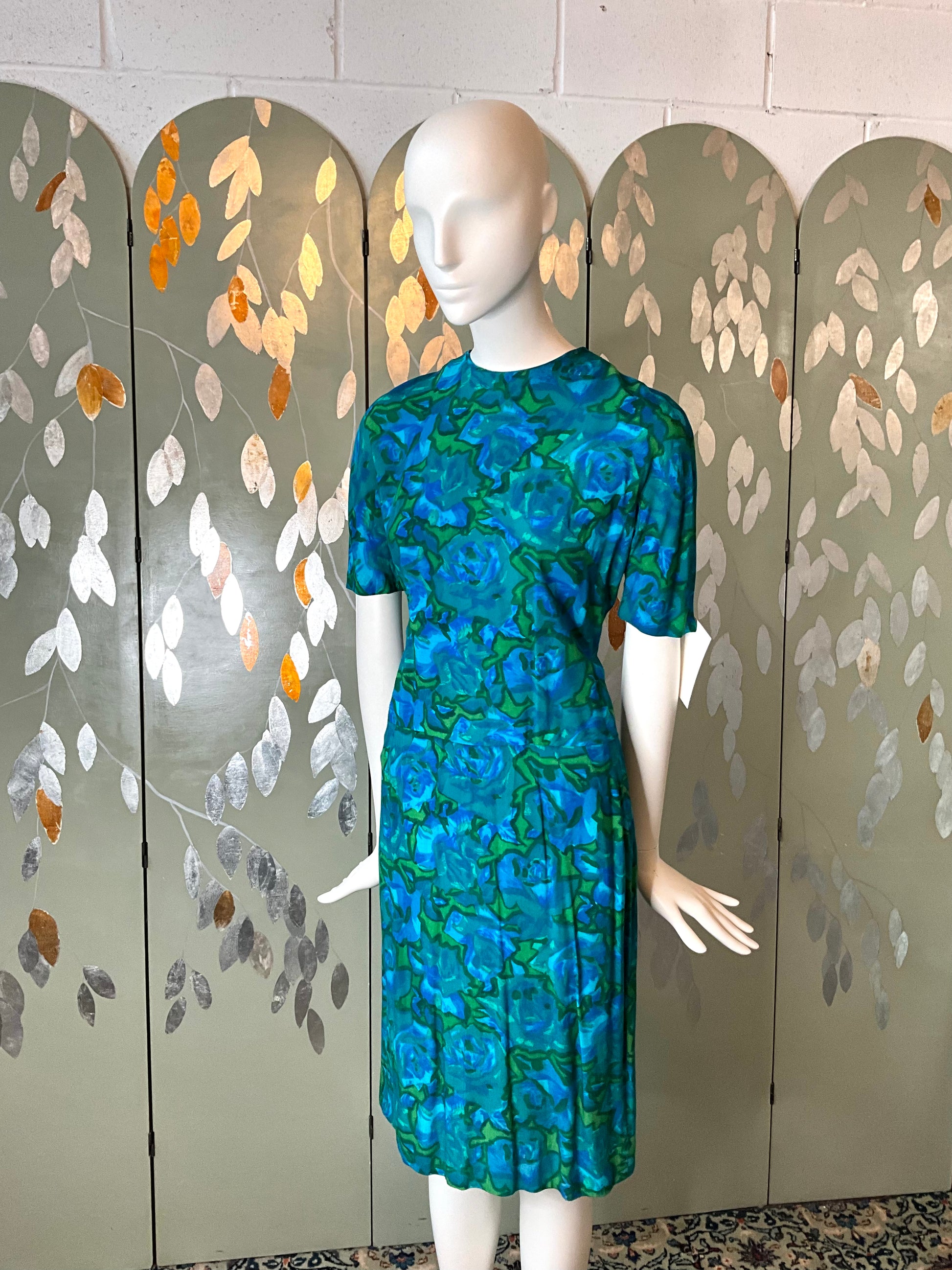 Vintage 1960s Blue Green Abstract Floral Skirt Set, XS