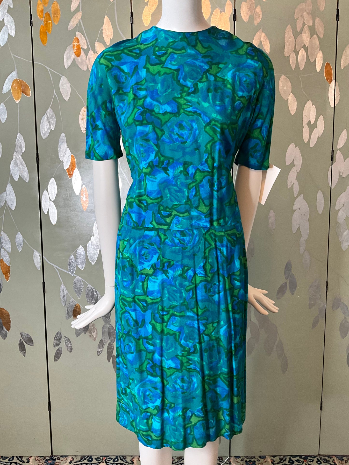 Vintage 1960s Blue Green Abstract Floral Skirt Set, XS