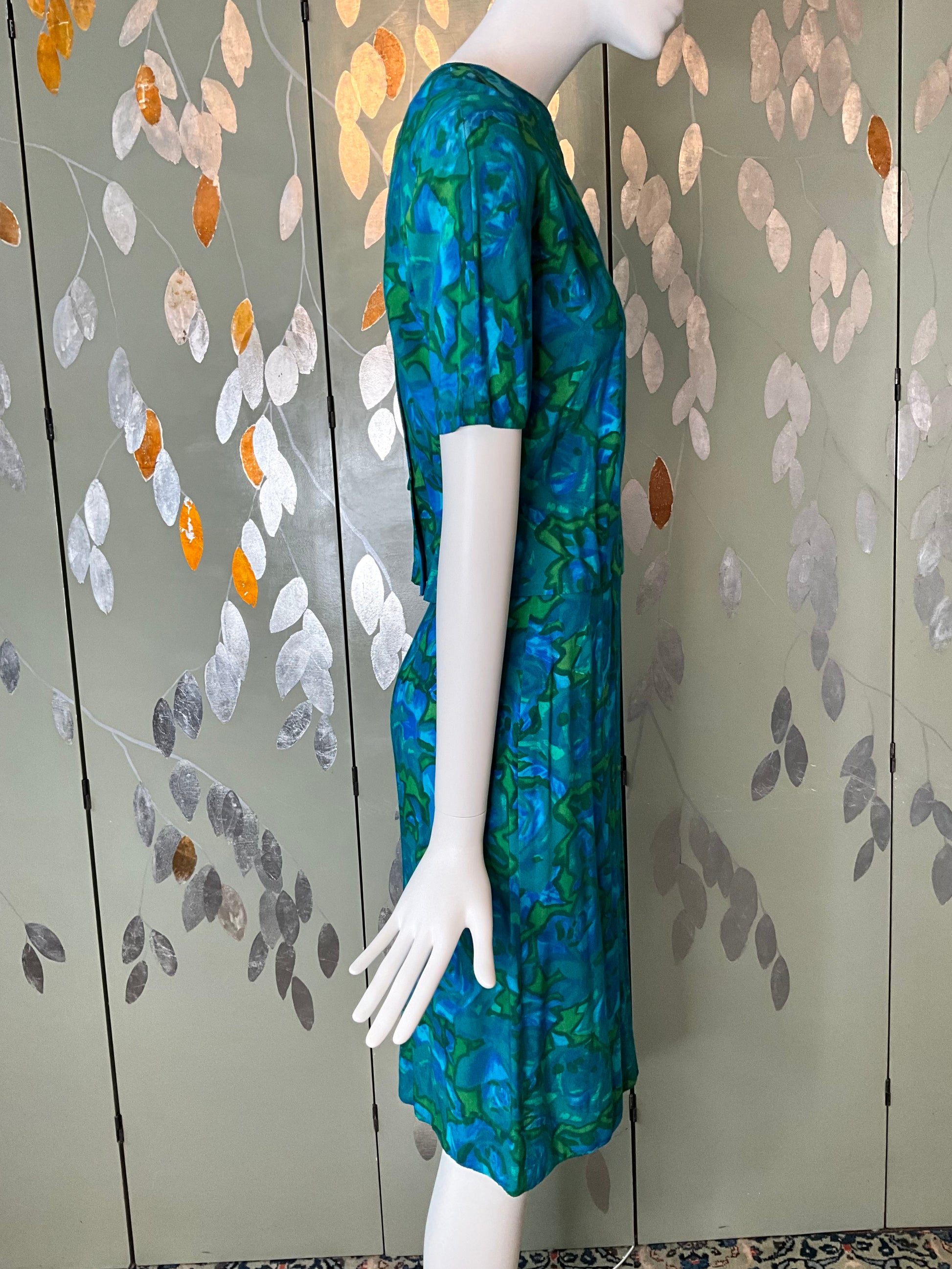 Vintage 1960s Blue Green Abstract Floral Skirt Set, XS