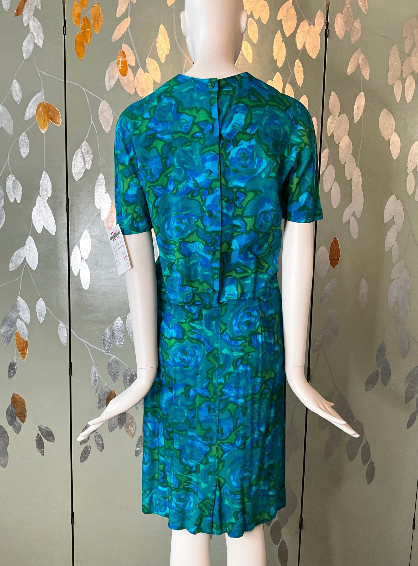 Vintage 1960s Blue Green Abstract Floral Skirt Set, XS