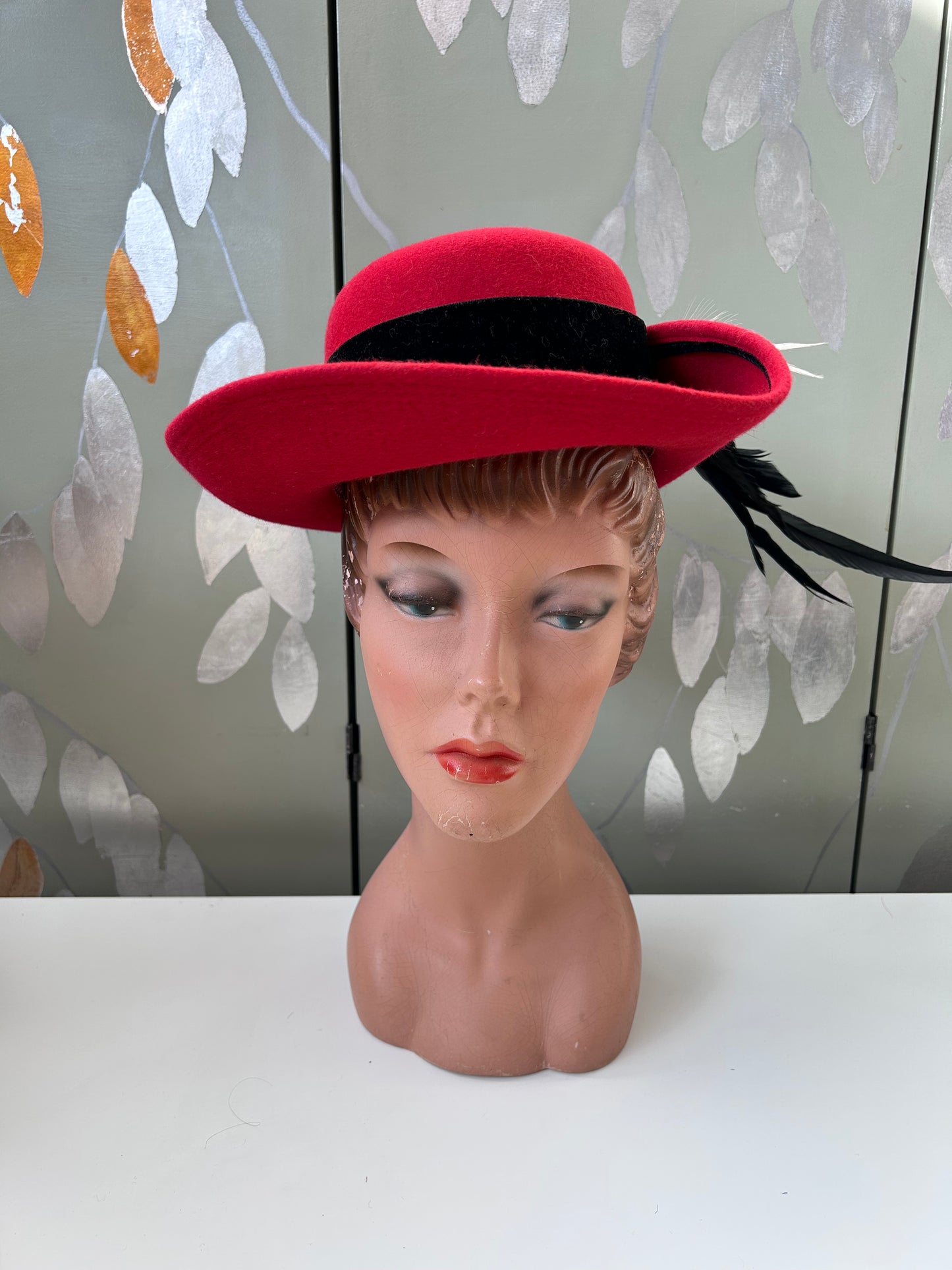 Vintage Red Hat with Feathers, Made in Austria