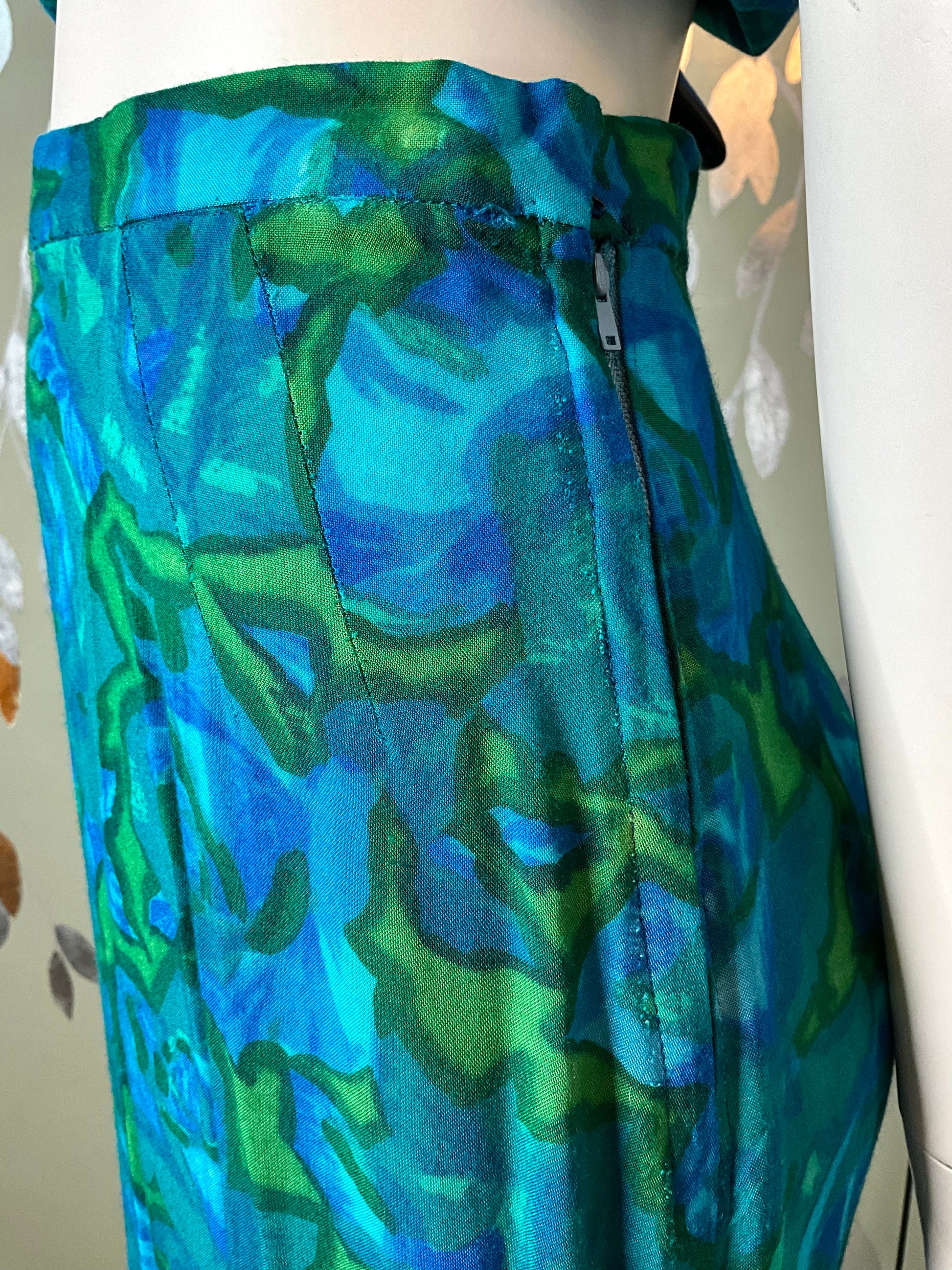 Vintage 1960s Blue Green Abstract Floral Skirt Set, XS