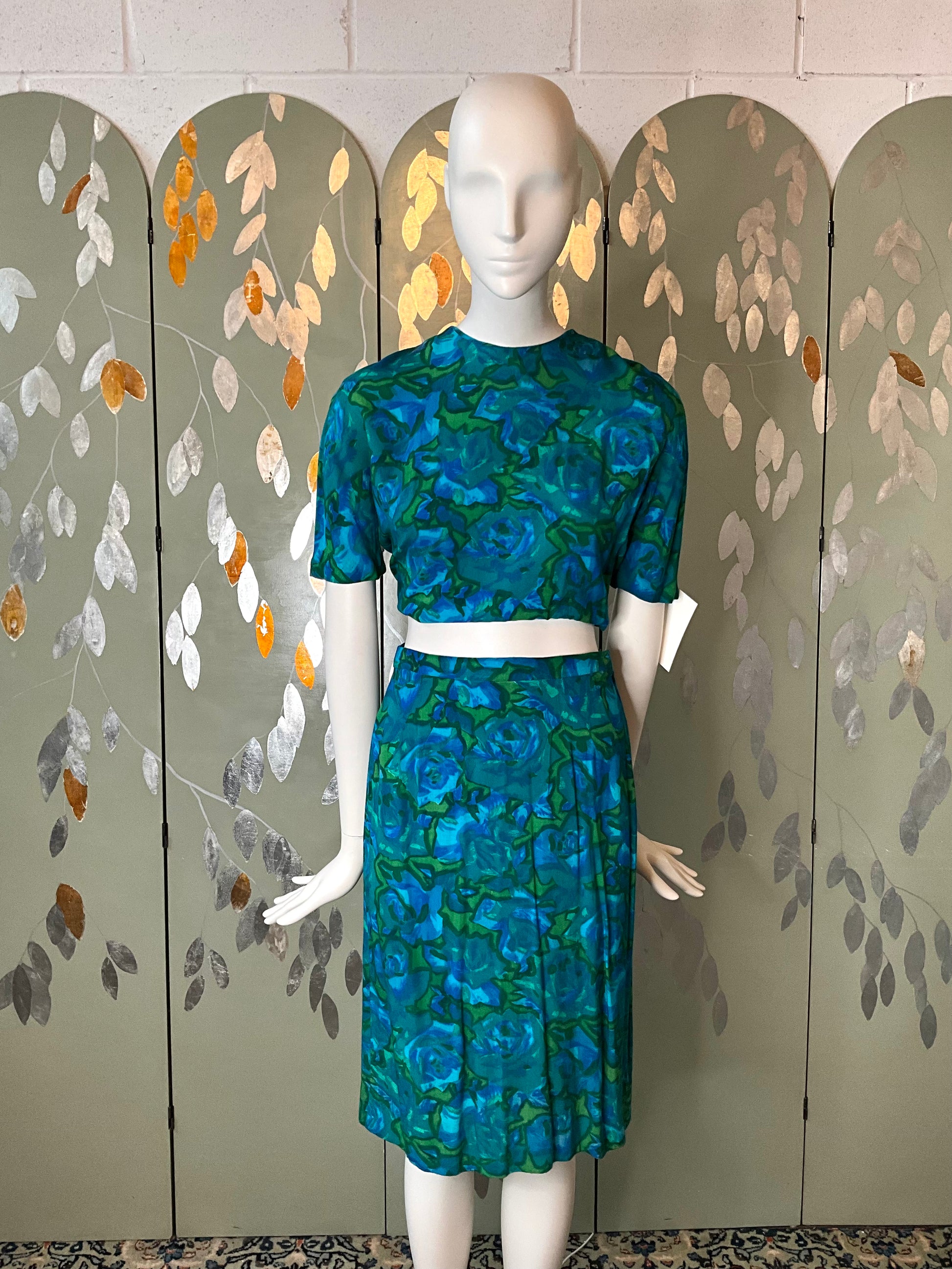 Vintage 1960s Blue Green Abstract Floral Skirt Set XS Ian Drummond Vintage