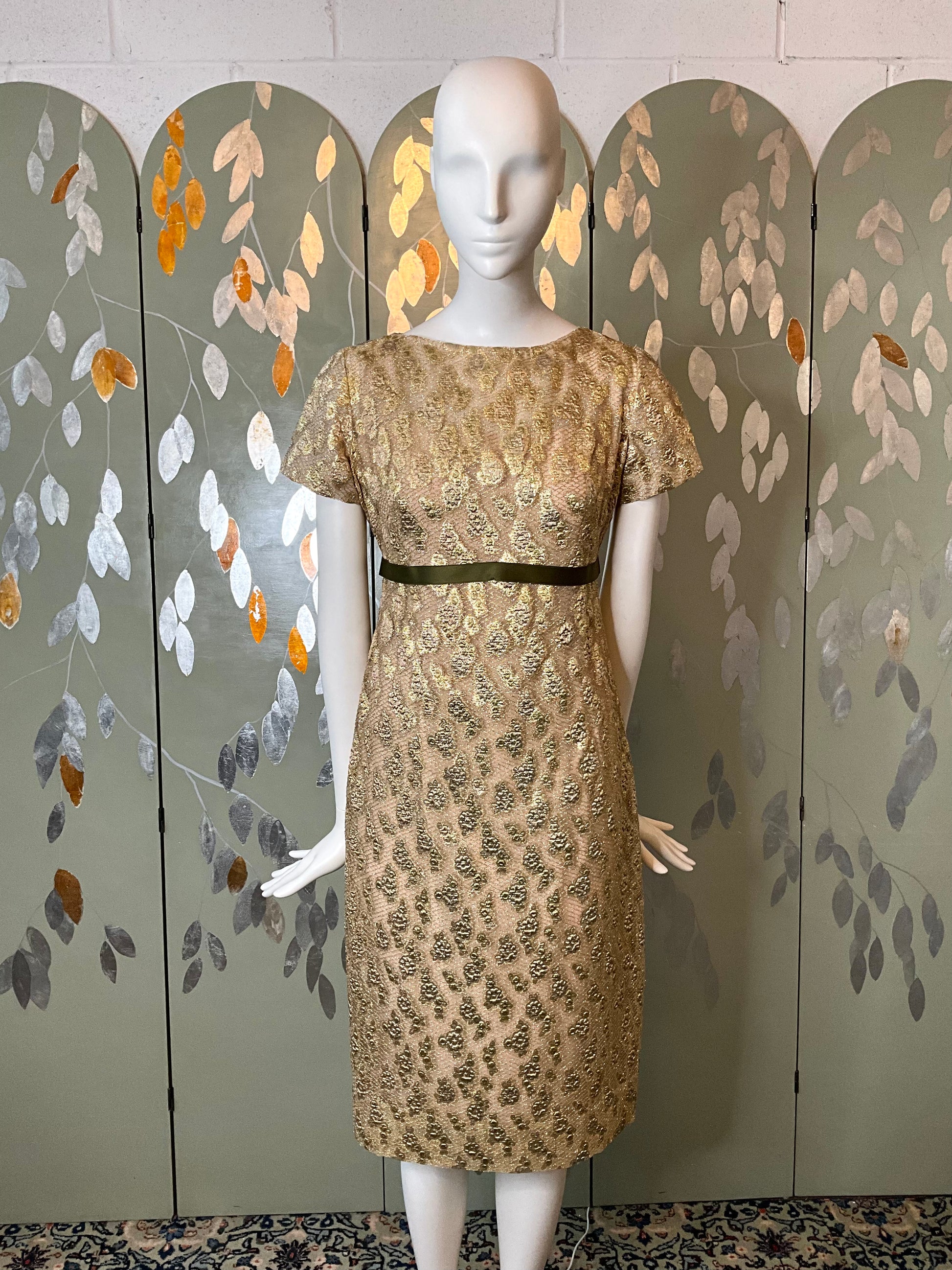Vintage 1960s Gold Green Lurex Short Sleeve Net Dress, Medium Vintage 1960s Gold Green Lurex Short Sleeve Net Dress, Medium