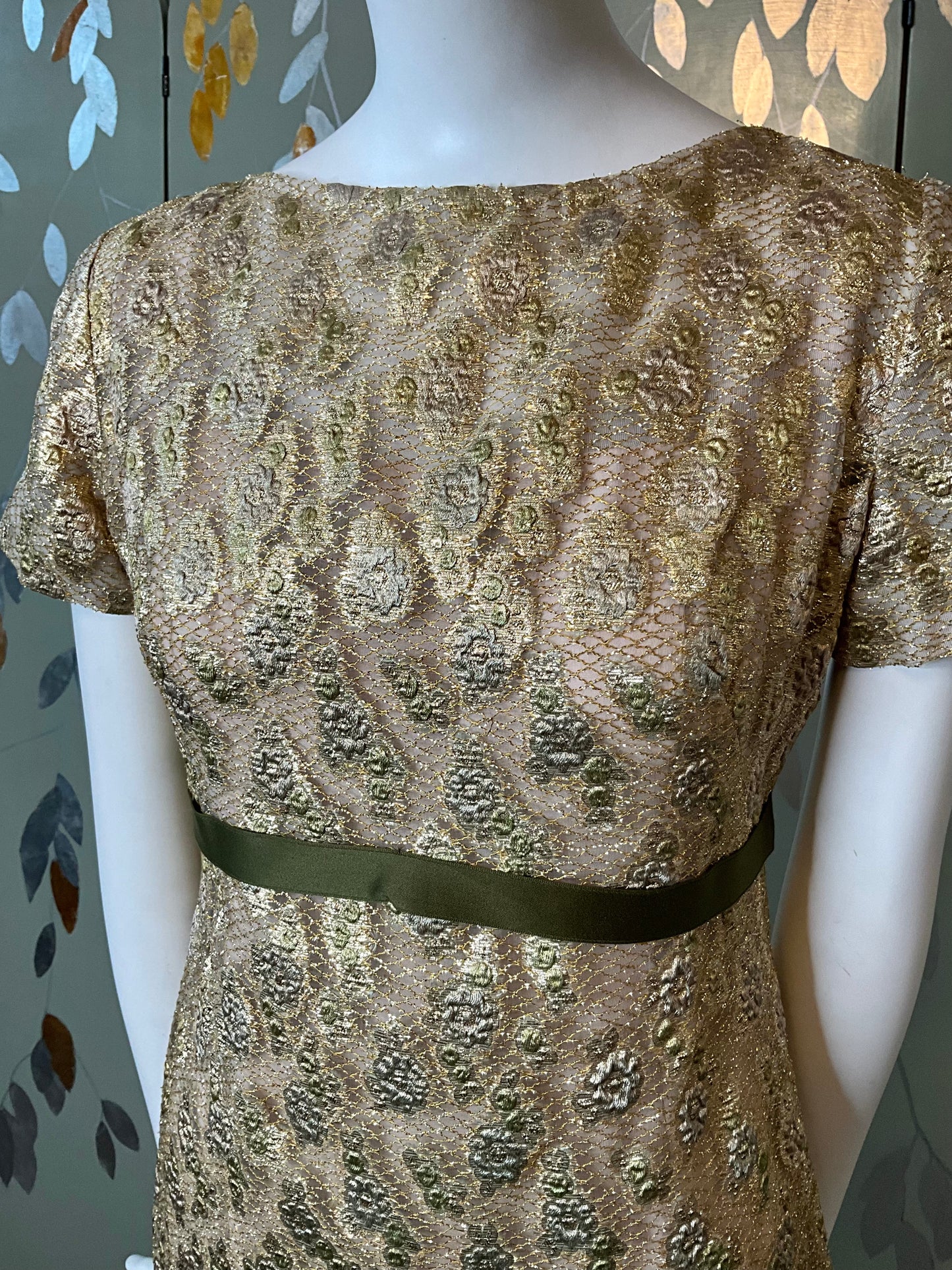 Vintage 1960s Gold Green Lurex Short Sleeve Net Dress, Medium