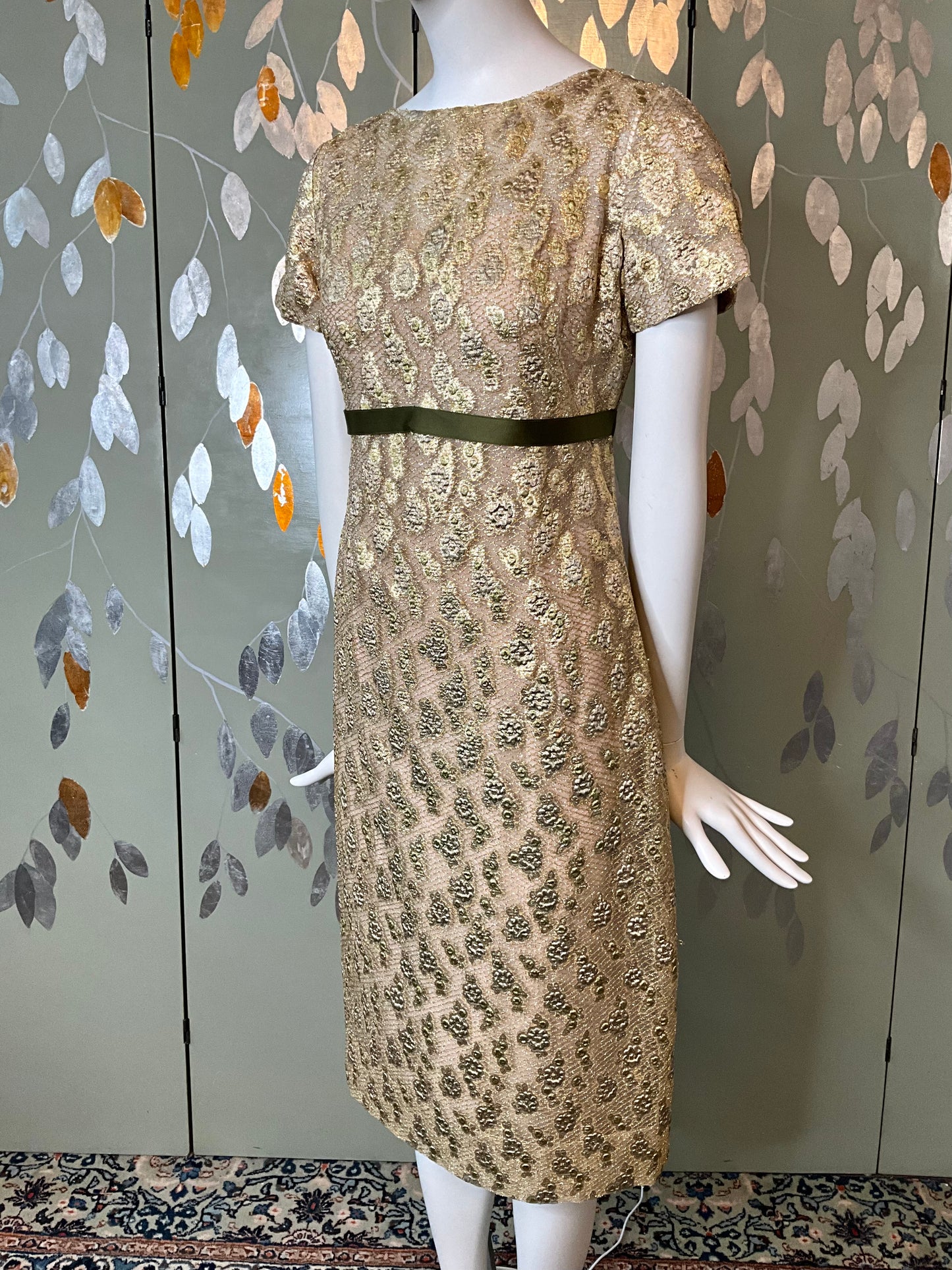 Vintage 1960s Gold Green Lurex Short Sleeve Net Dress, Medium