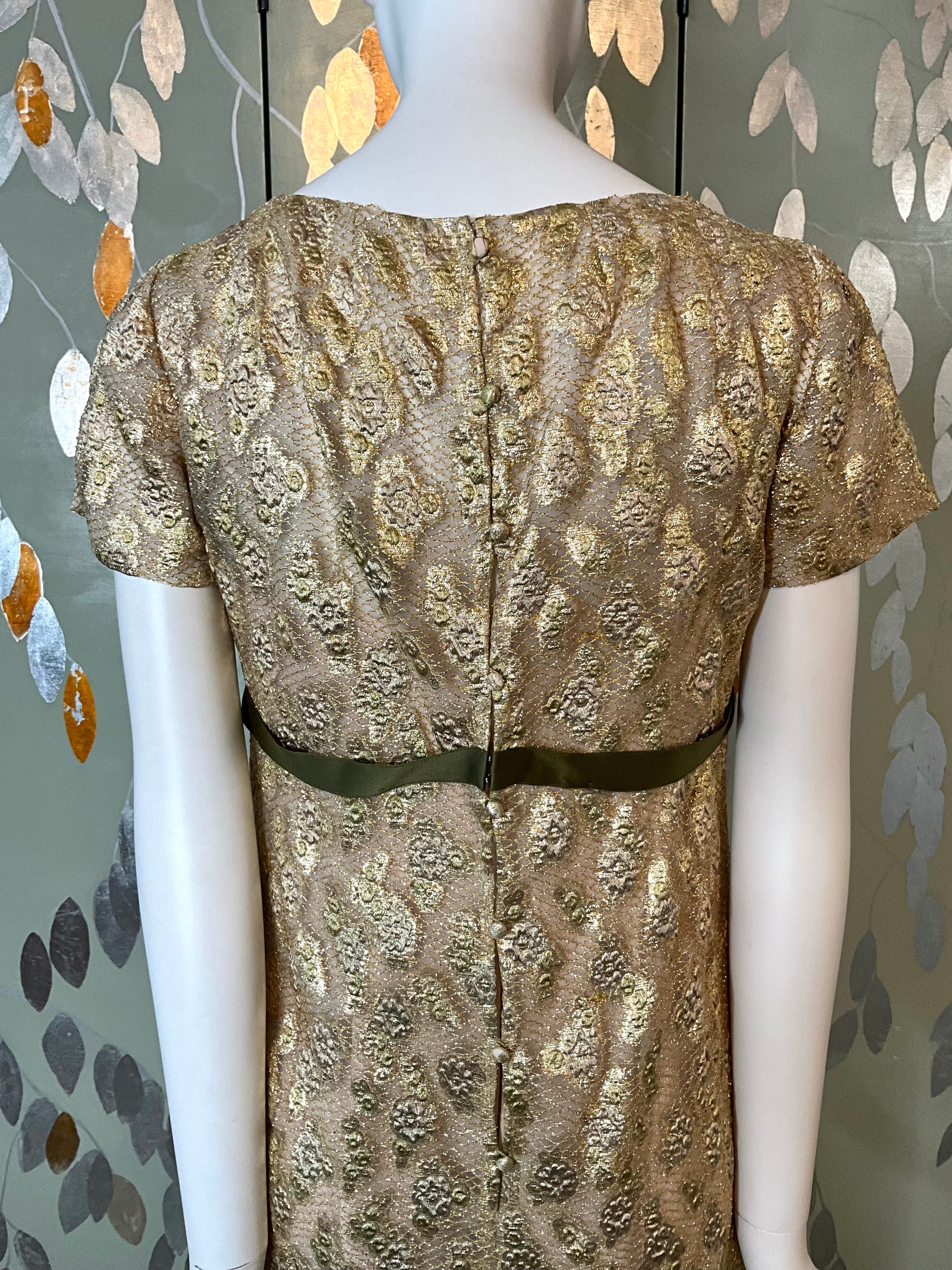 Vintage 1960s Gold Green Lurex Short Sleeve Net Dress, Medium