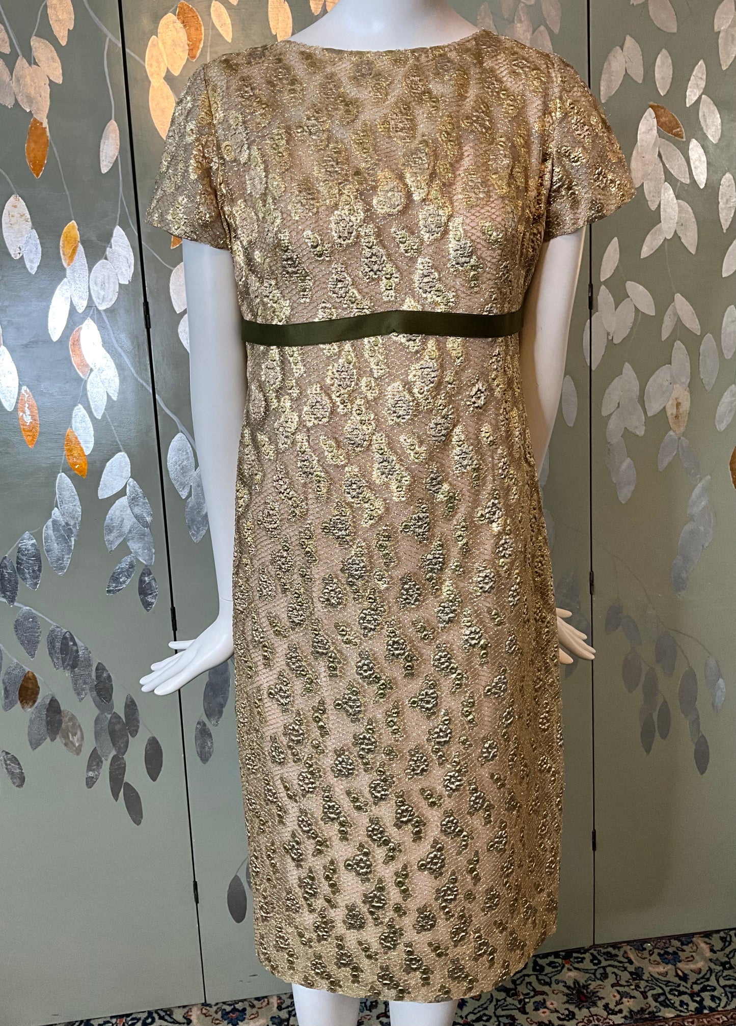 Vintage 1960s Gold Green Lurex Short Sleeve Net Dress, Medium