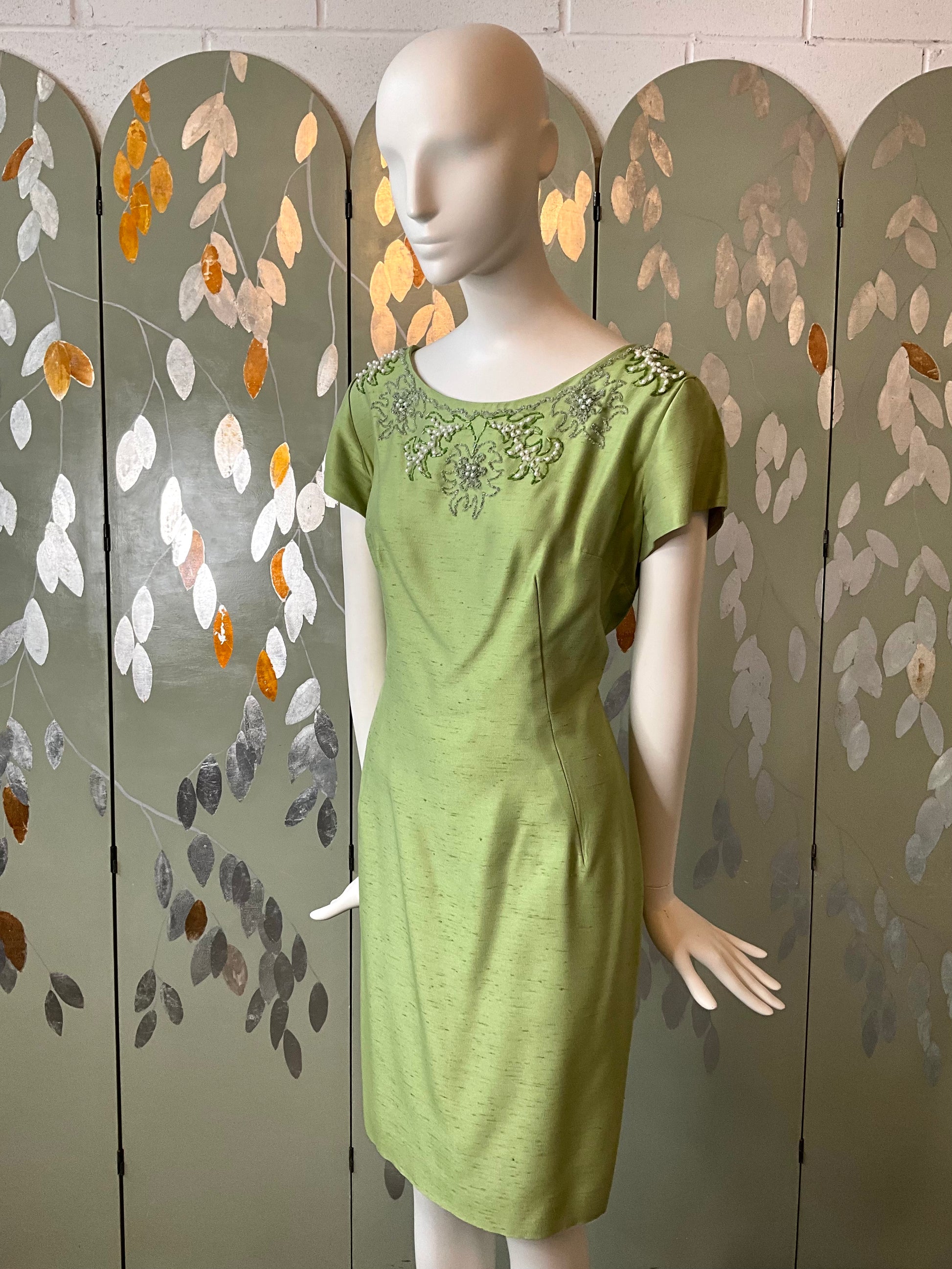 Vintage 1960s Green Silk Beaded Sheath Dress and Topper Coat Set, L Vintage 1960s Green Silk Beaded Sheath Dress and Topper Coat Set, L