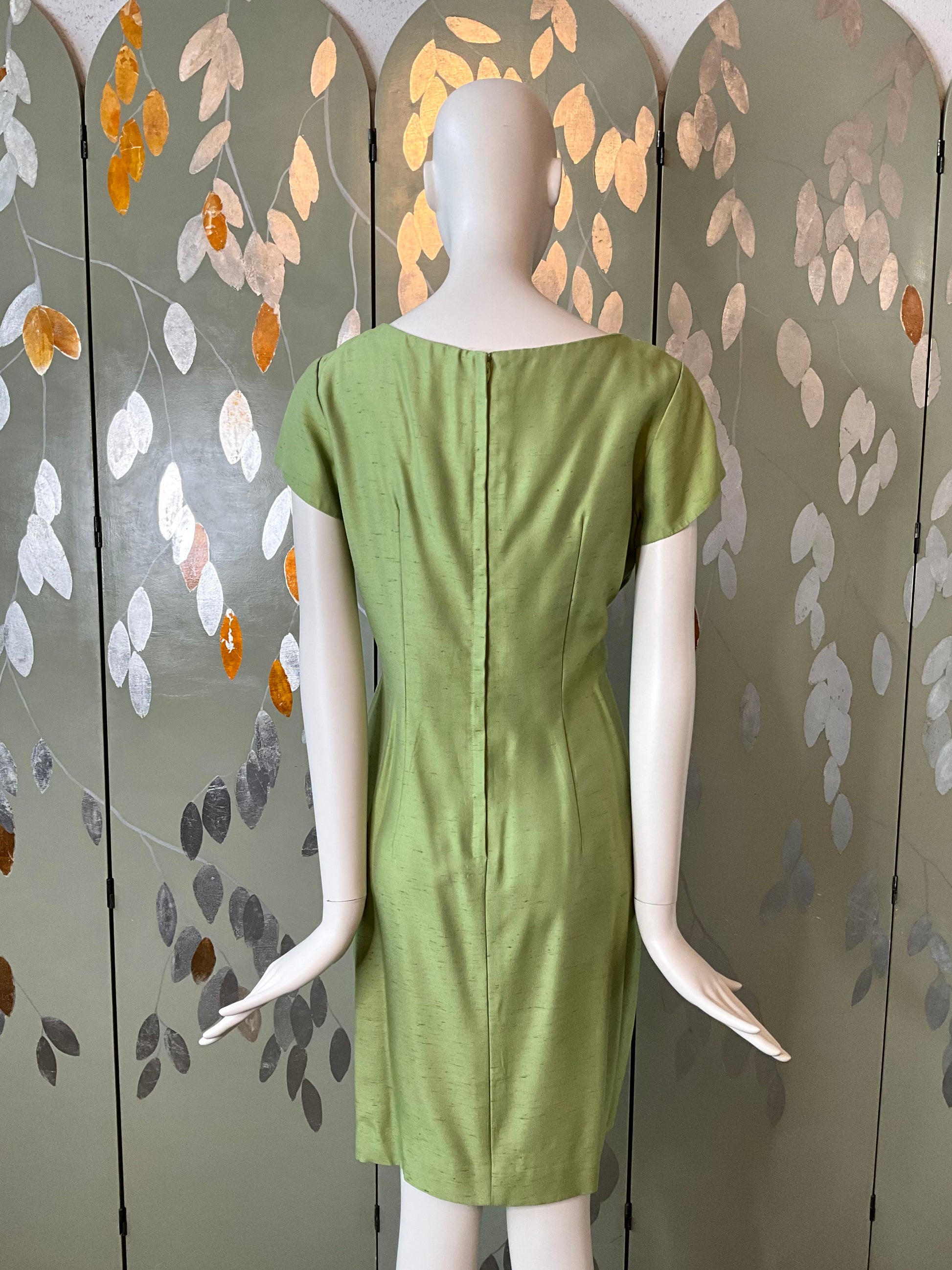 Vintage 1960s Green Silk Beaded Sheath Dress and Topper Coat Set, L