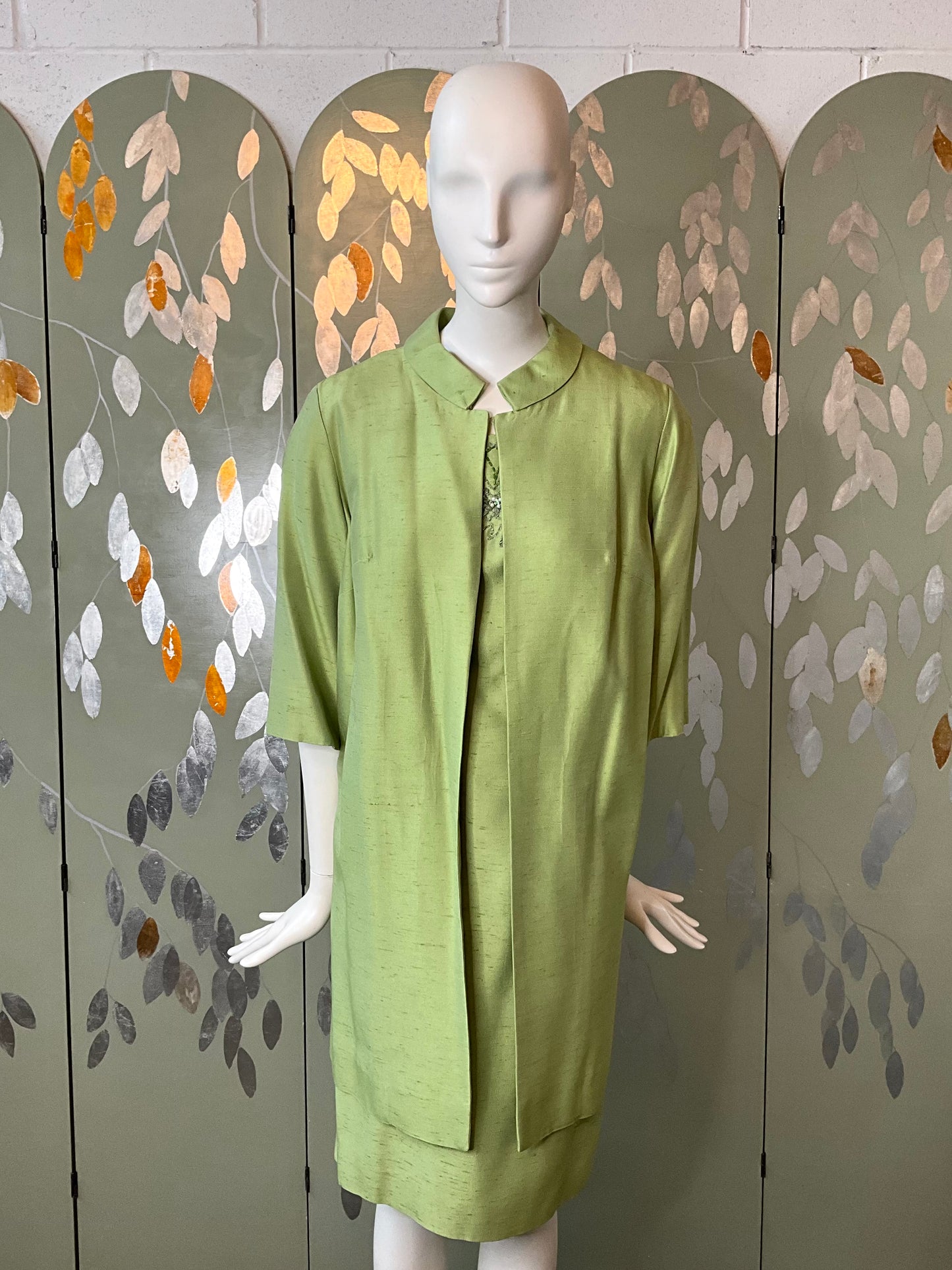 Vintage 1960s Green Silk Beaded Sheath Dress and Topper Coat Set, L