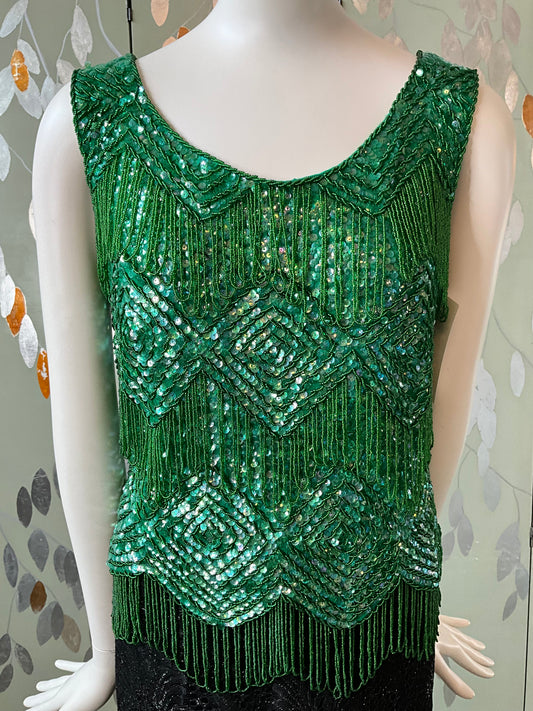 Vintage 1960s Deadstock Green Sequin & Bead Shimmy Top, M