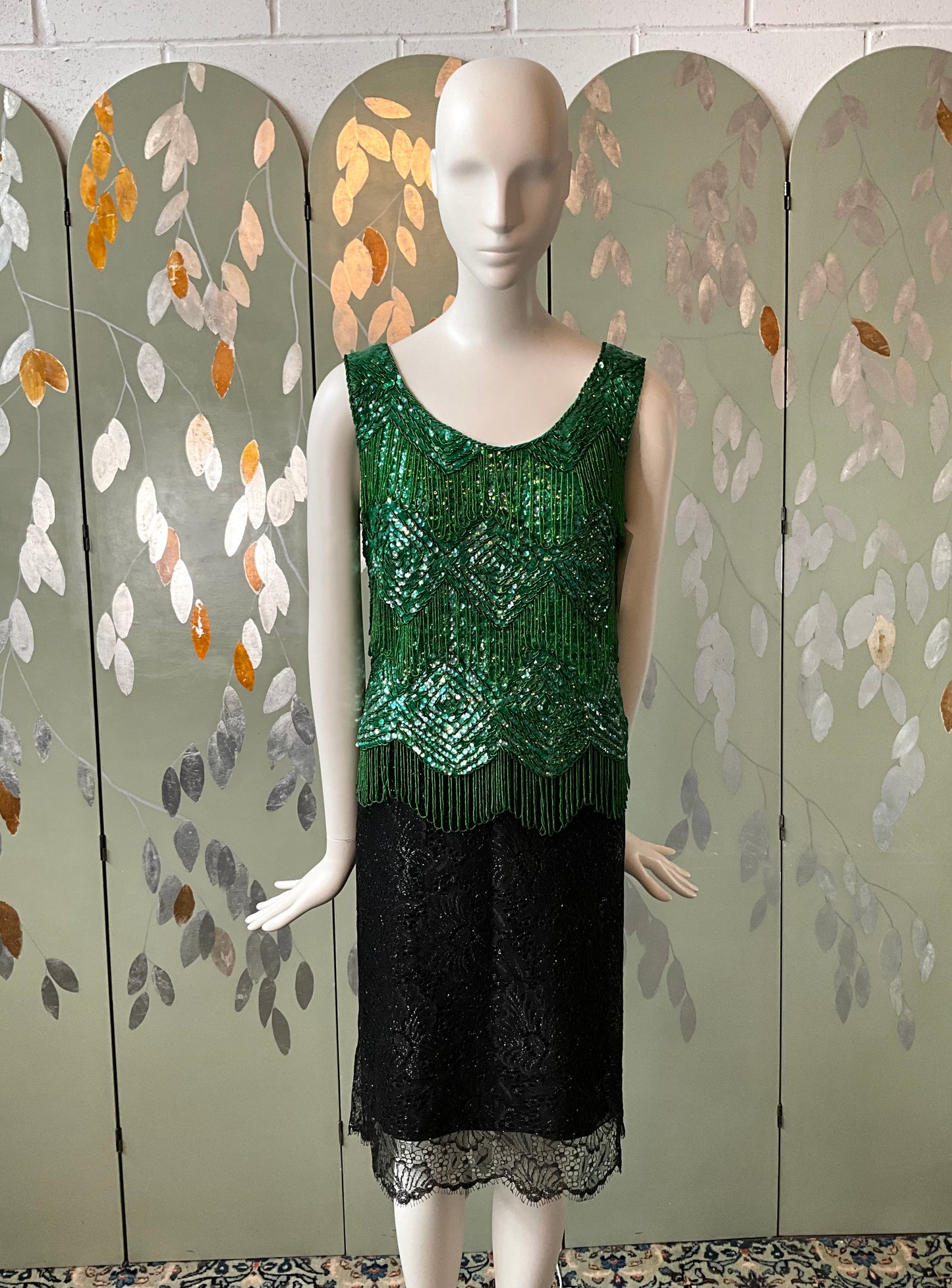 Vintage 1960s Deadstock Green Sequin & Bead Shimmy Top, M