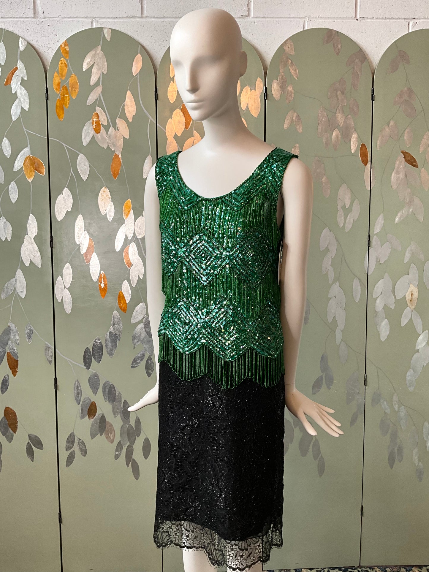 Vintage 1960s Deadstock Green Sequin & Bead Shimmy Top, M