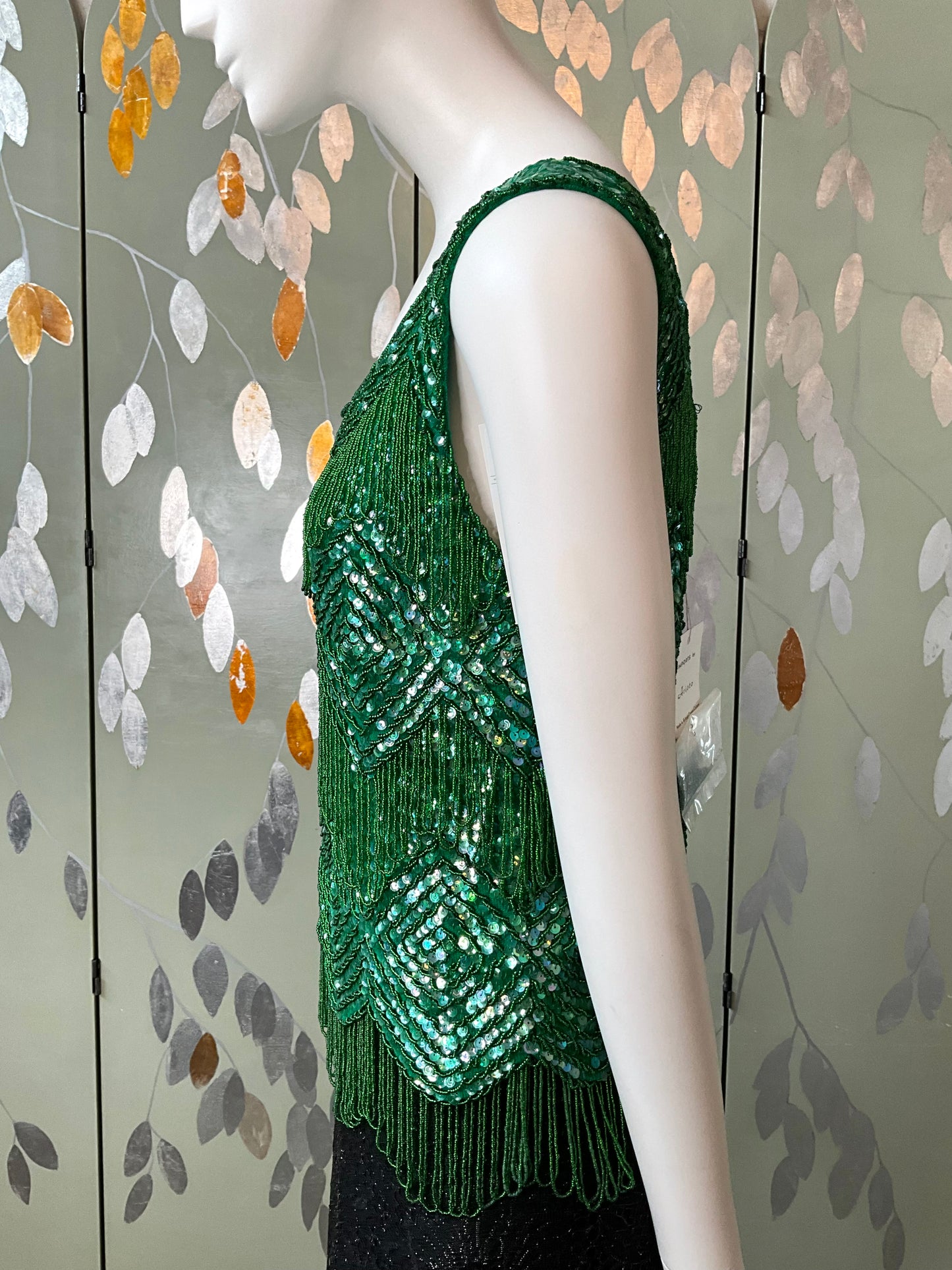 Vintage 1960s Deadstock Green Sequin & Bead Shimmy Top, M