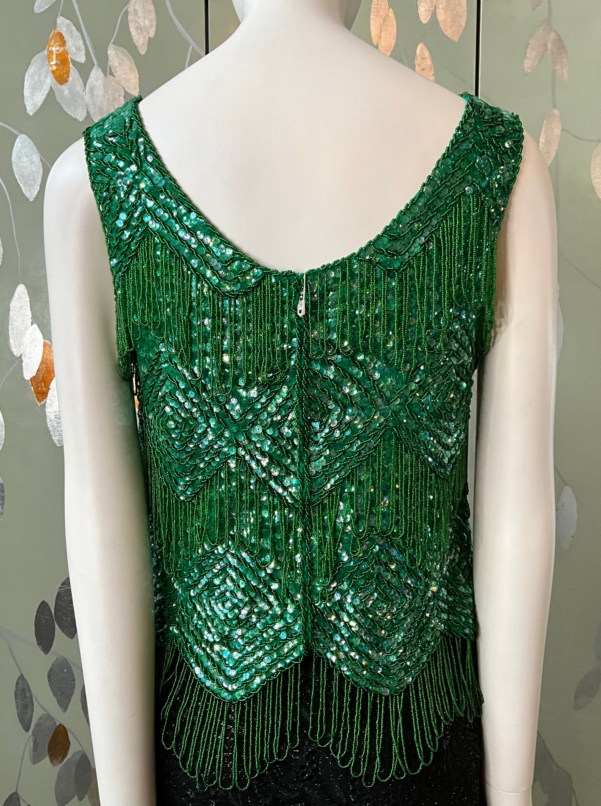 Vintage 1960s Deadstock Green Sequin & Bead Shimmy Top, M