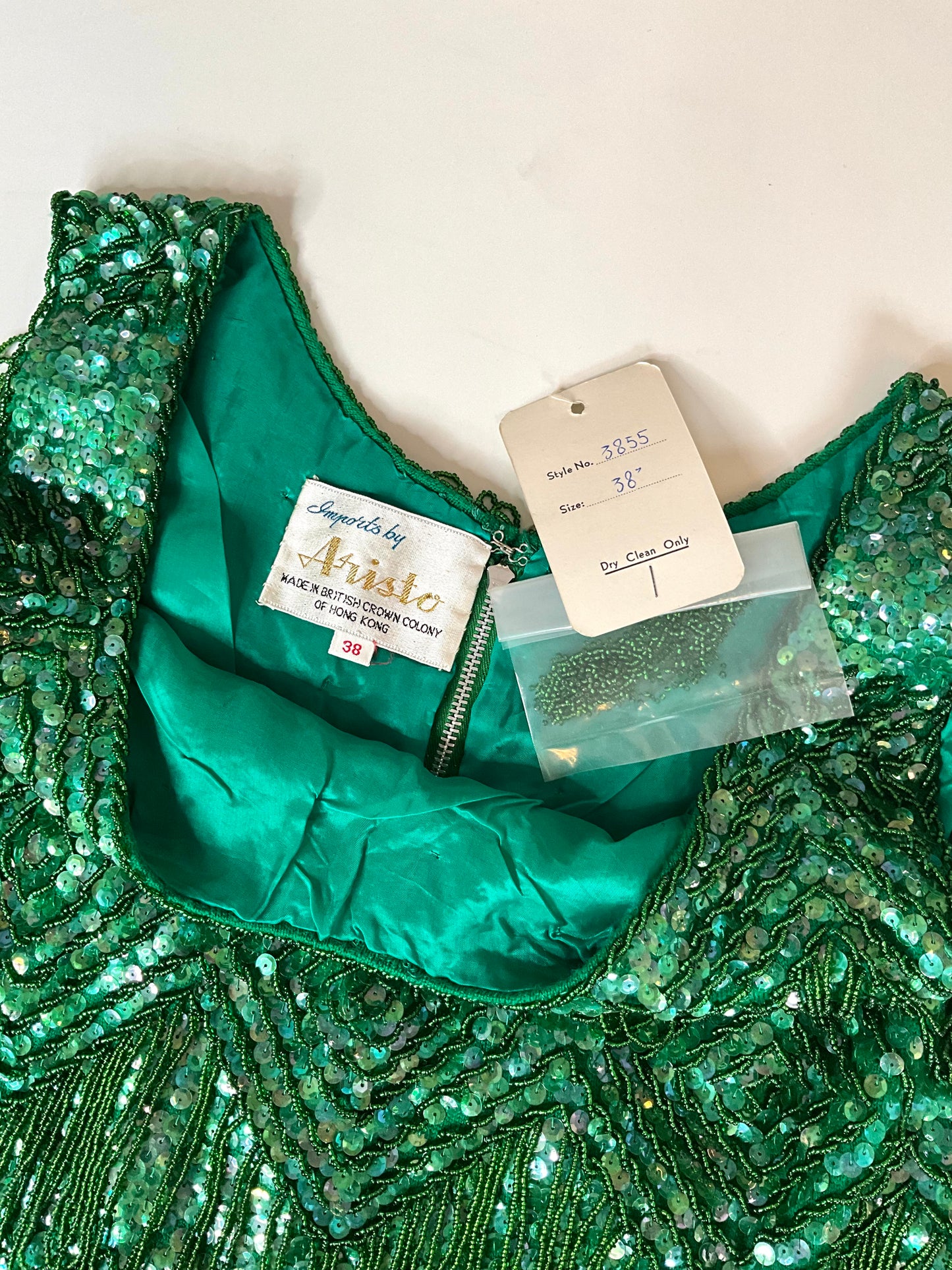 Vintage 1960s Deadstock Green Sequin & Bead Shimmy Top, M