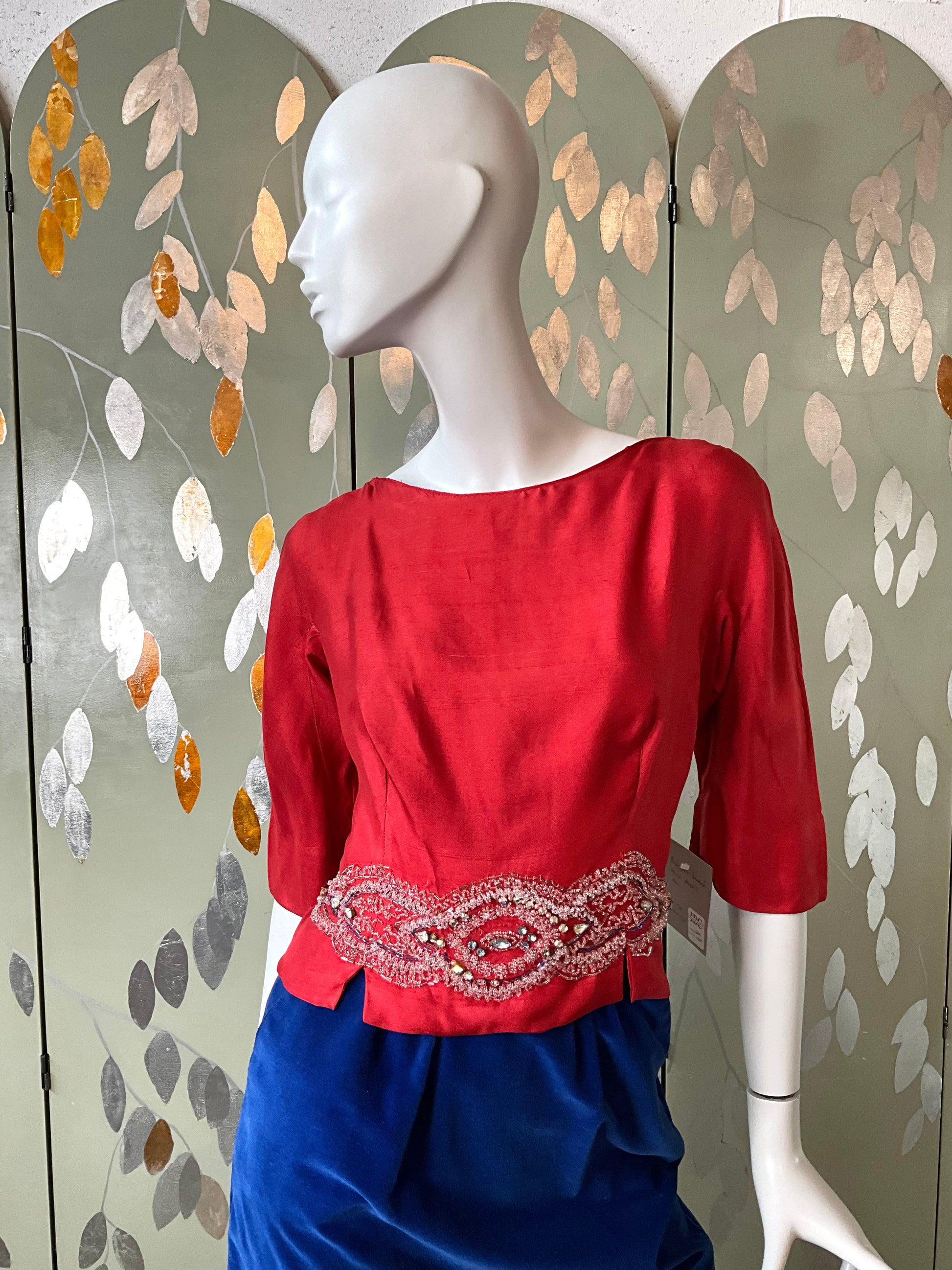 Vintage 1960s Carmine Red Silk Beaded Top, M