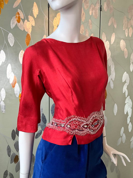 Vintage 1960s Carmine Red Silk Beaded Top, M