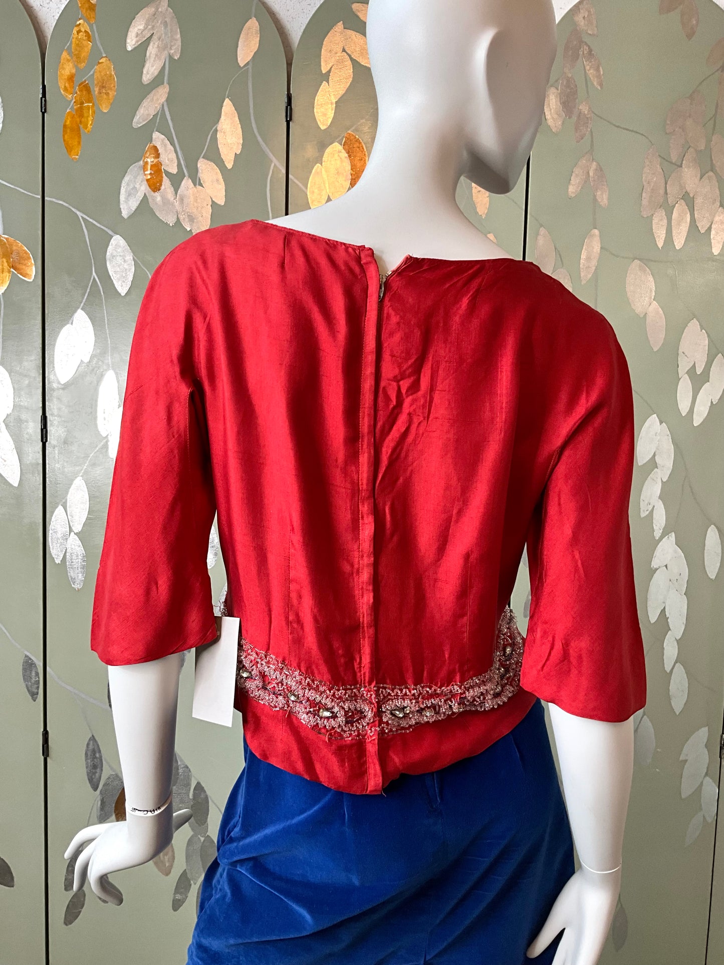 Vintage 1960s Carmine Red Silk Beaded Top, M