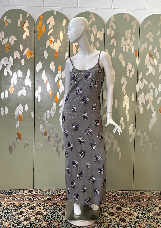 Vintage 1990s Grey Silk Sequinned Evening Dress, Small