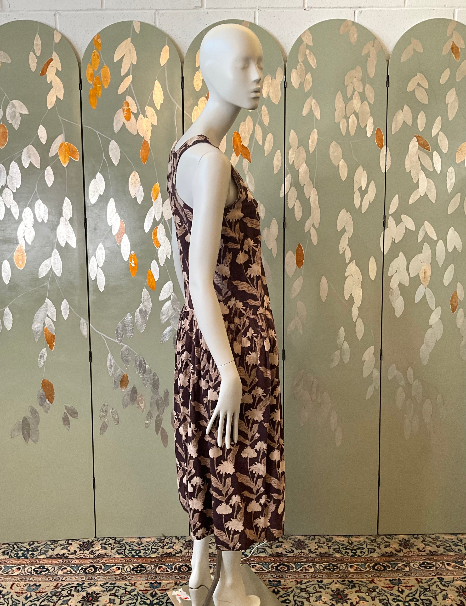 Vintage 1990s Brown Floral Cotton Maxi Dress, Small 