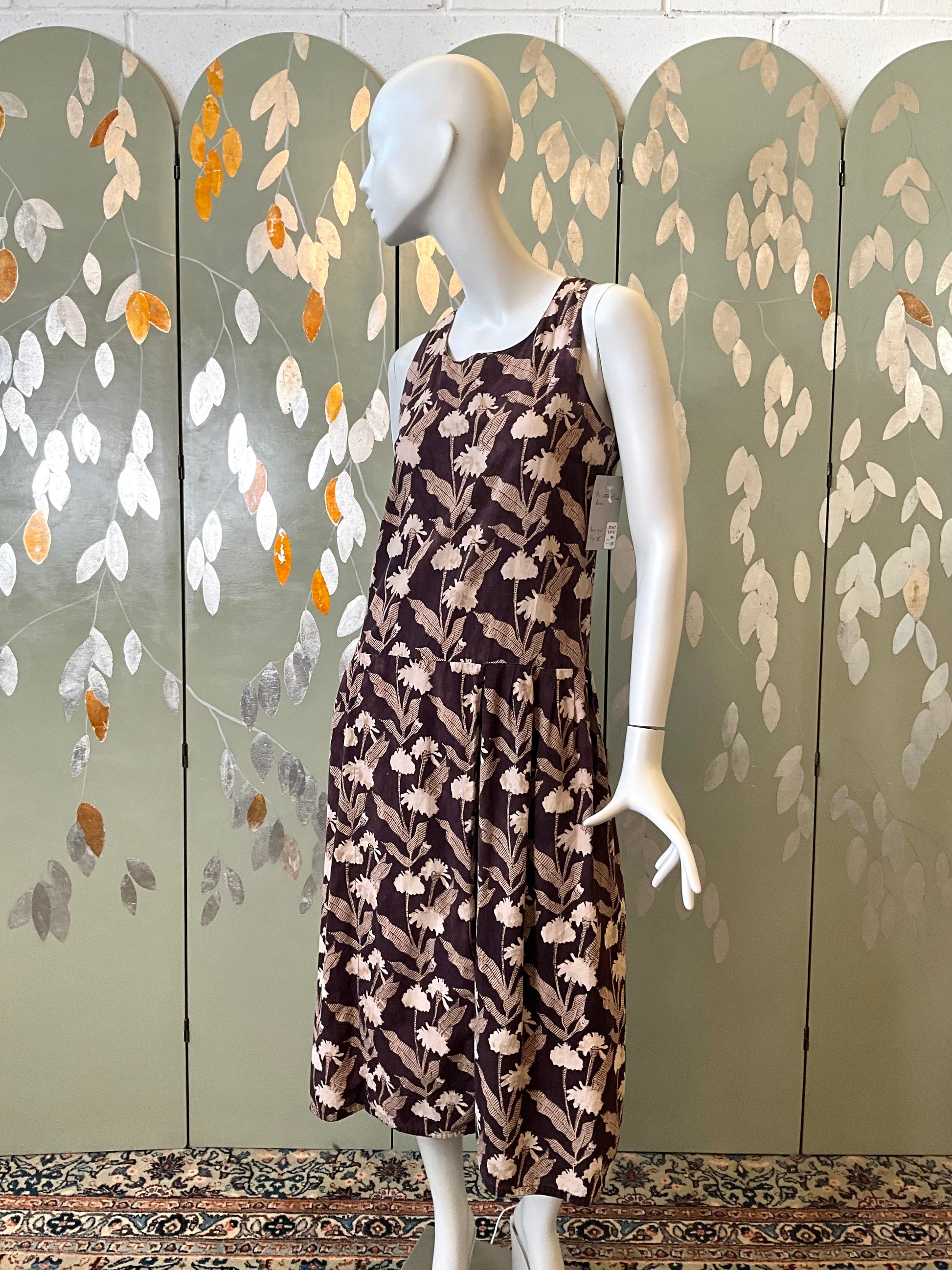 Vintage 1990s Brown Floral Cotton Maxi Dress, Small 