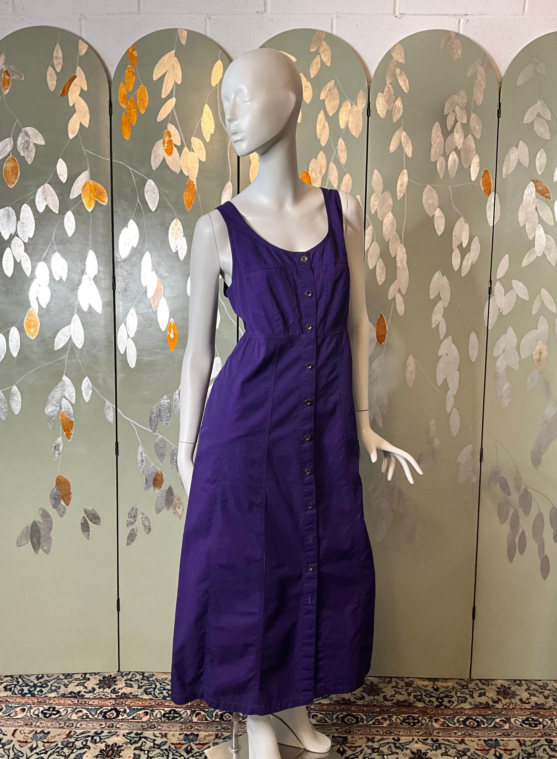 Vintage 1990s Purple Cotton Button-Up Maxi Dress, Large Vintage 1990s Purple Cotton Button-Up Maxi Dress, Large
