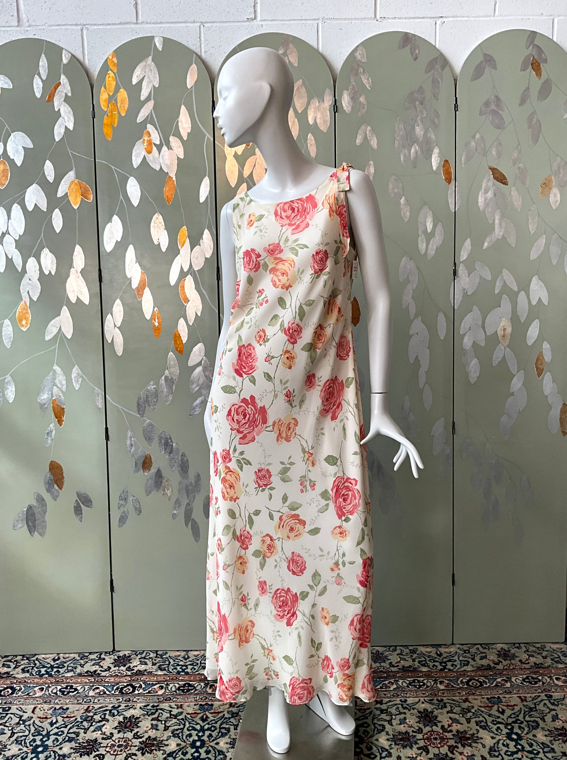 Vintage 1990s Cream Floral Maxi Dress, Ann Taylor, XL