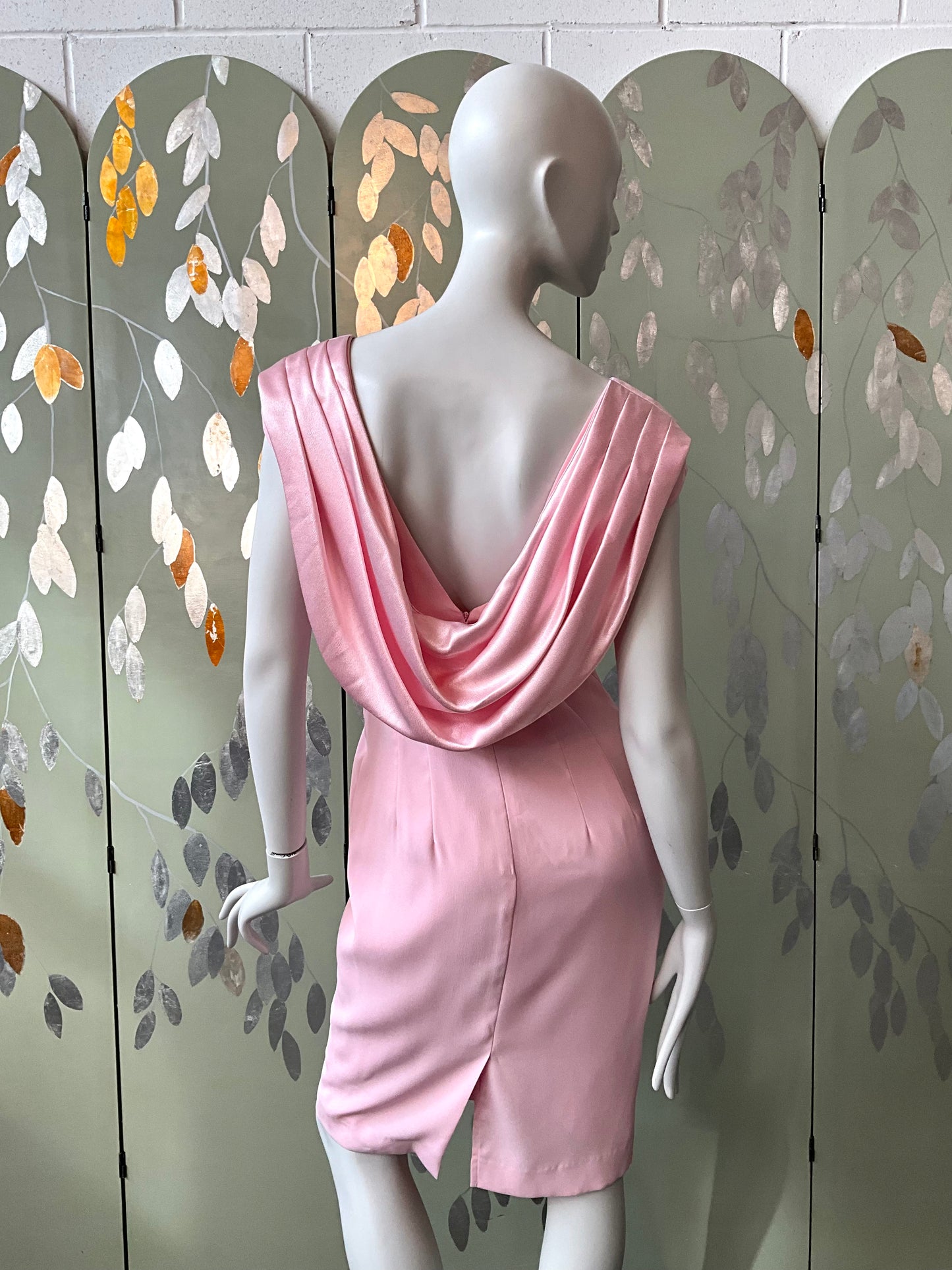 Vintage 1990s Pink Cocktail Dress with Satin Shawl Back, Medium 