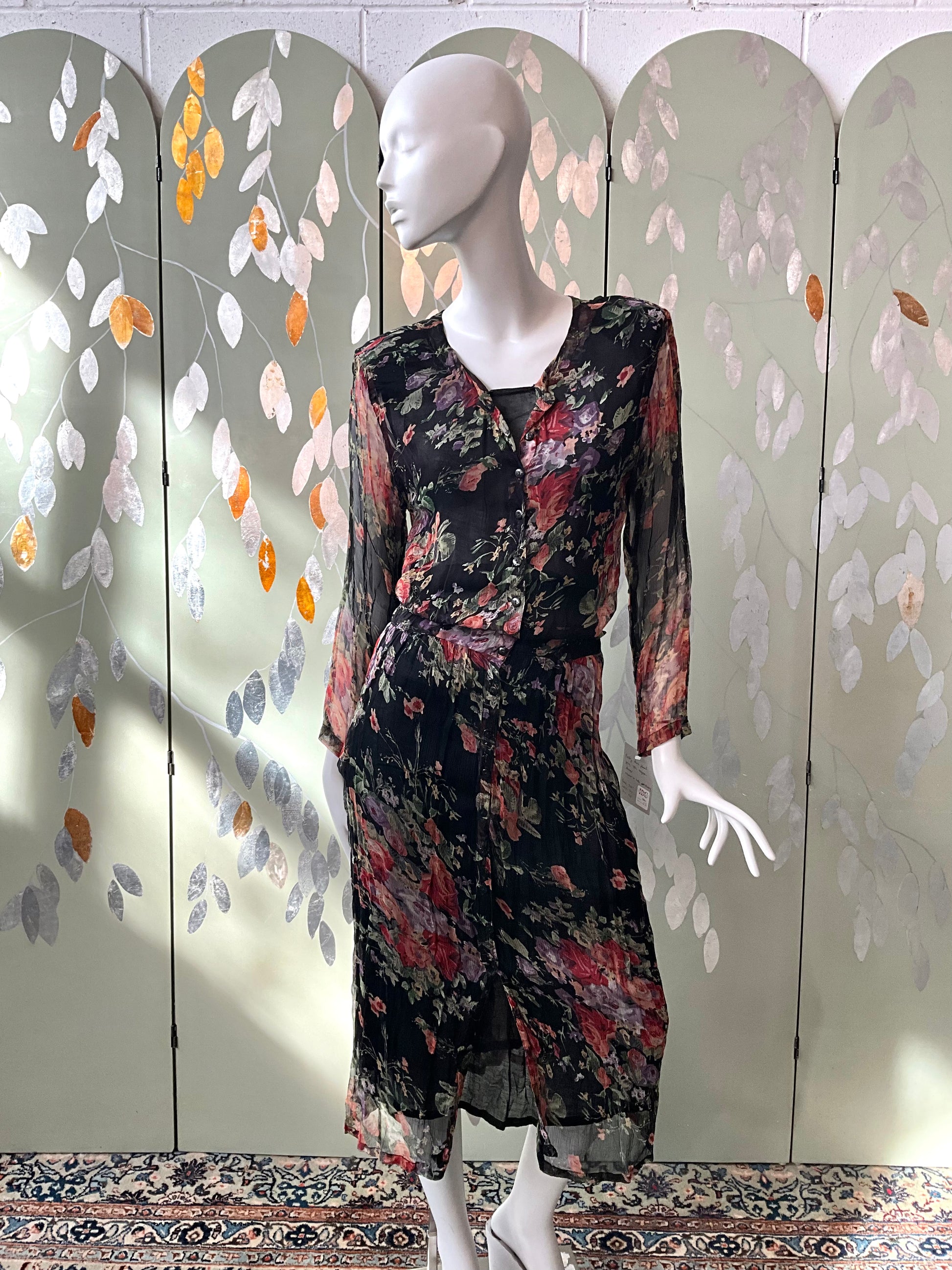 Vintage 1990s Black Floral Sheer Rayon Dress, Medium 