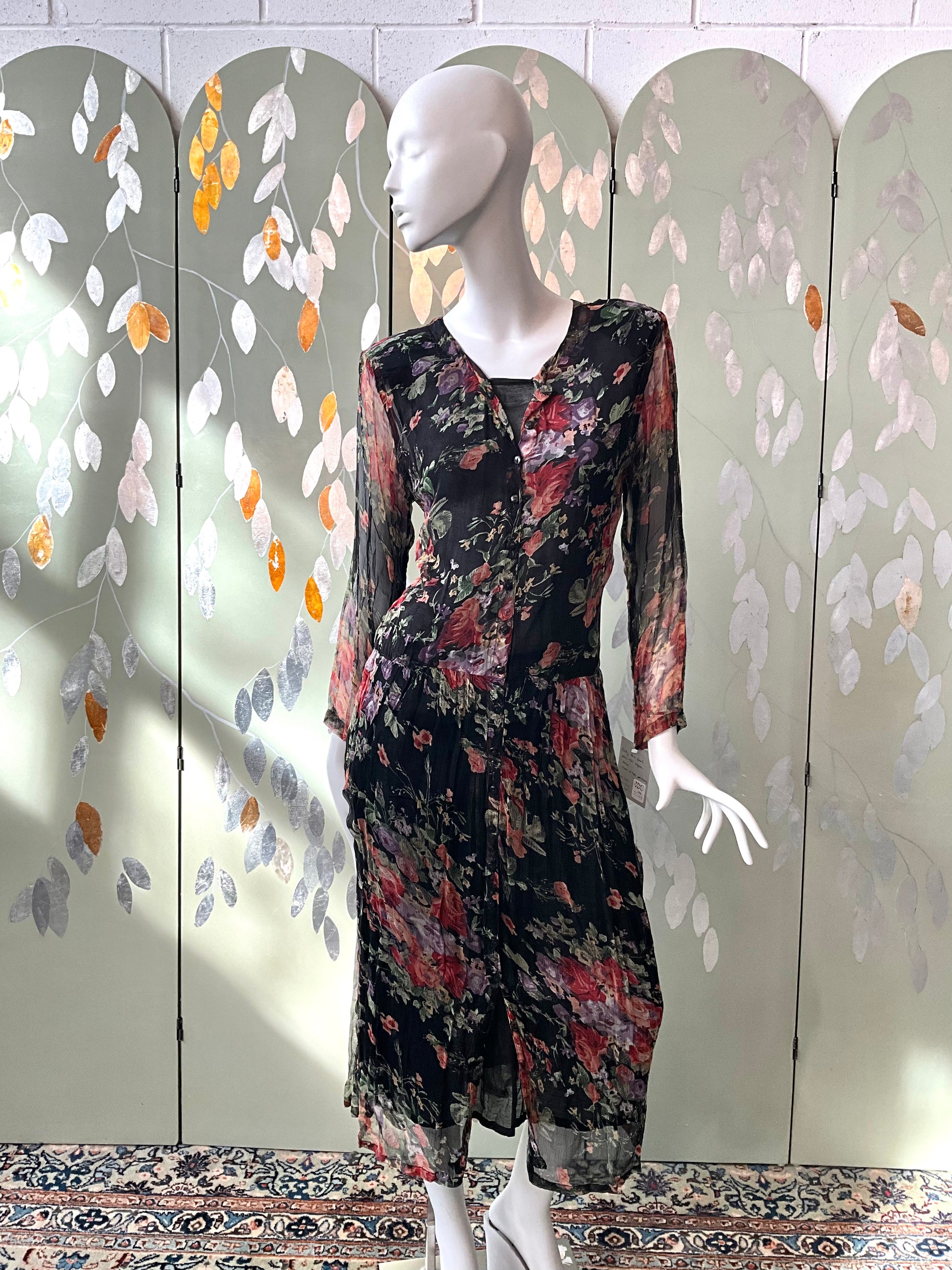 Vintage 1990s Black Floral Sheer Rayon Dress, Medium 