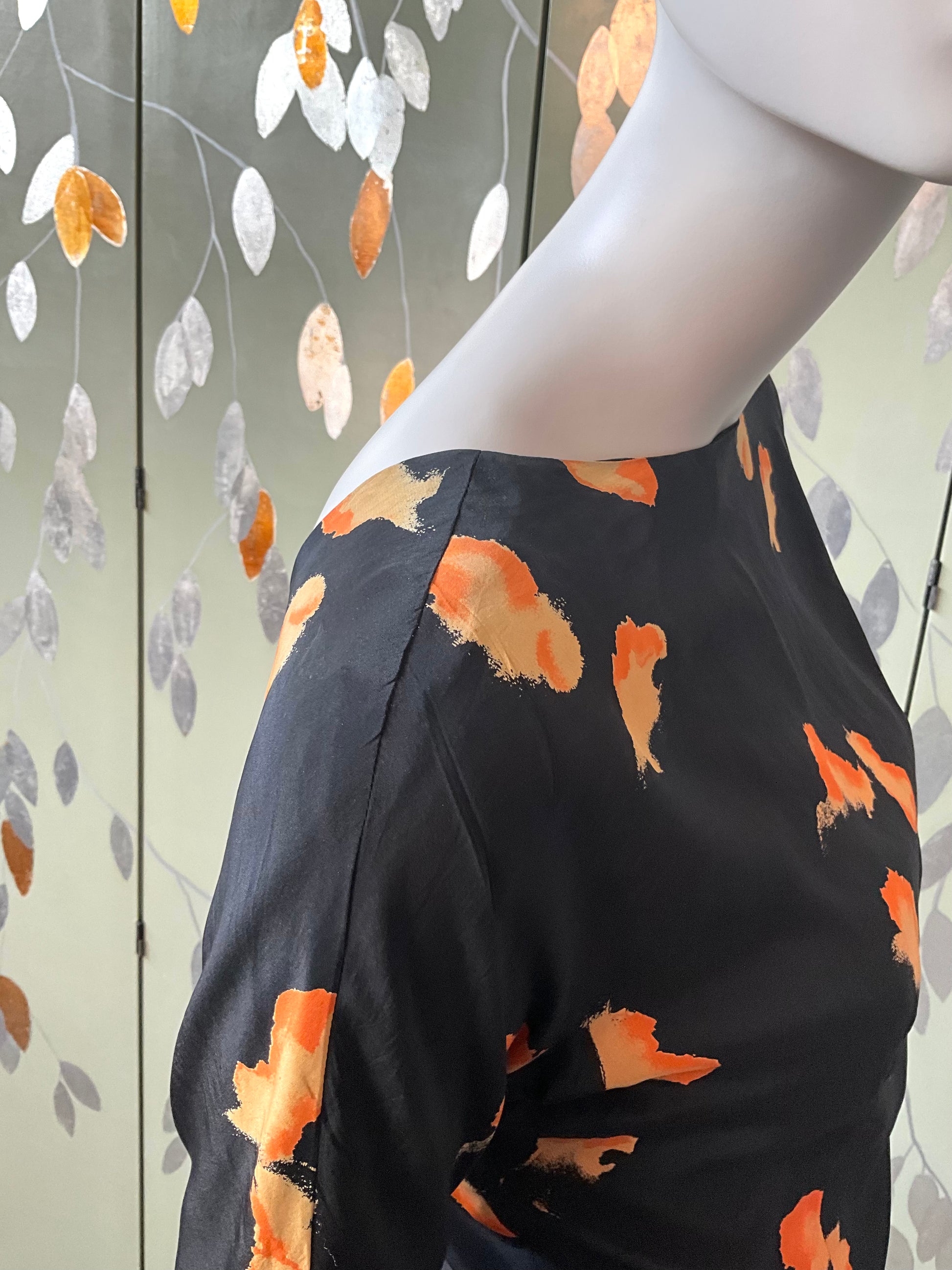 Vintage 1980s/90s Black & Orange Silk Open-Back Blouse & Skirt Set, Small 