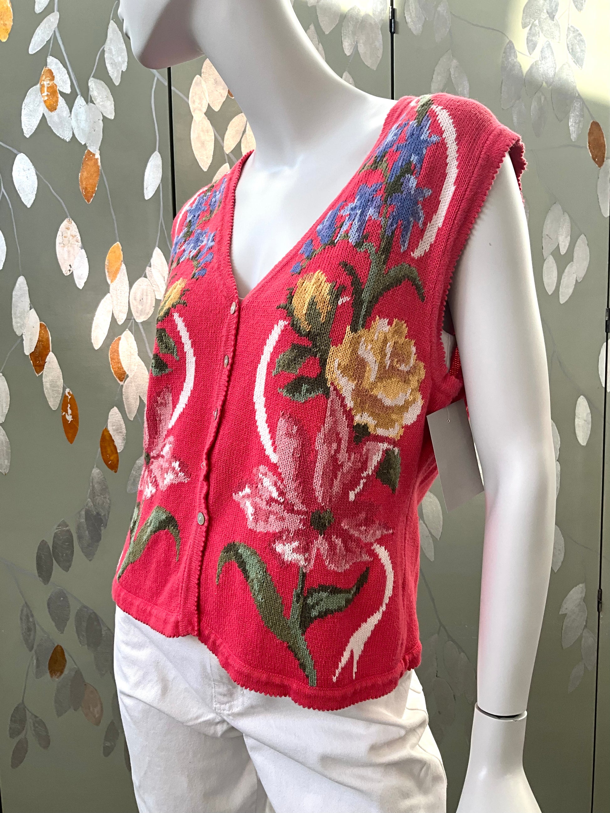 Vintage 1990s Pink Floral Sweater Vest, Susan Bristol, Medium 