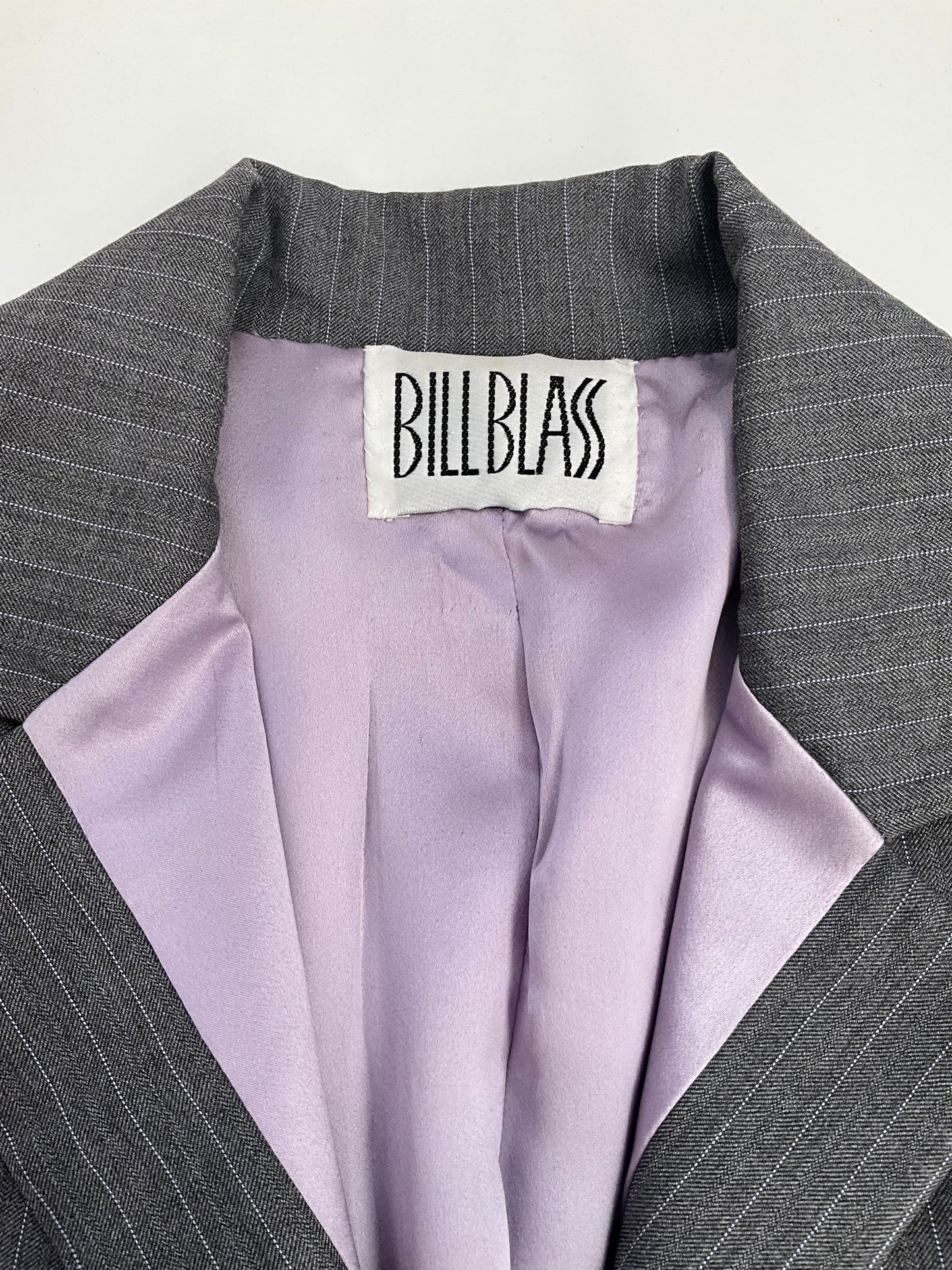 Vintage 1990s Bill Blass Grey Pinstripe Blazer & Lilac Satin Bib, Large 