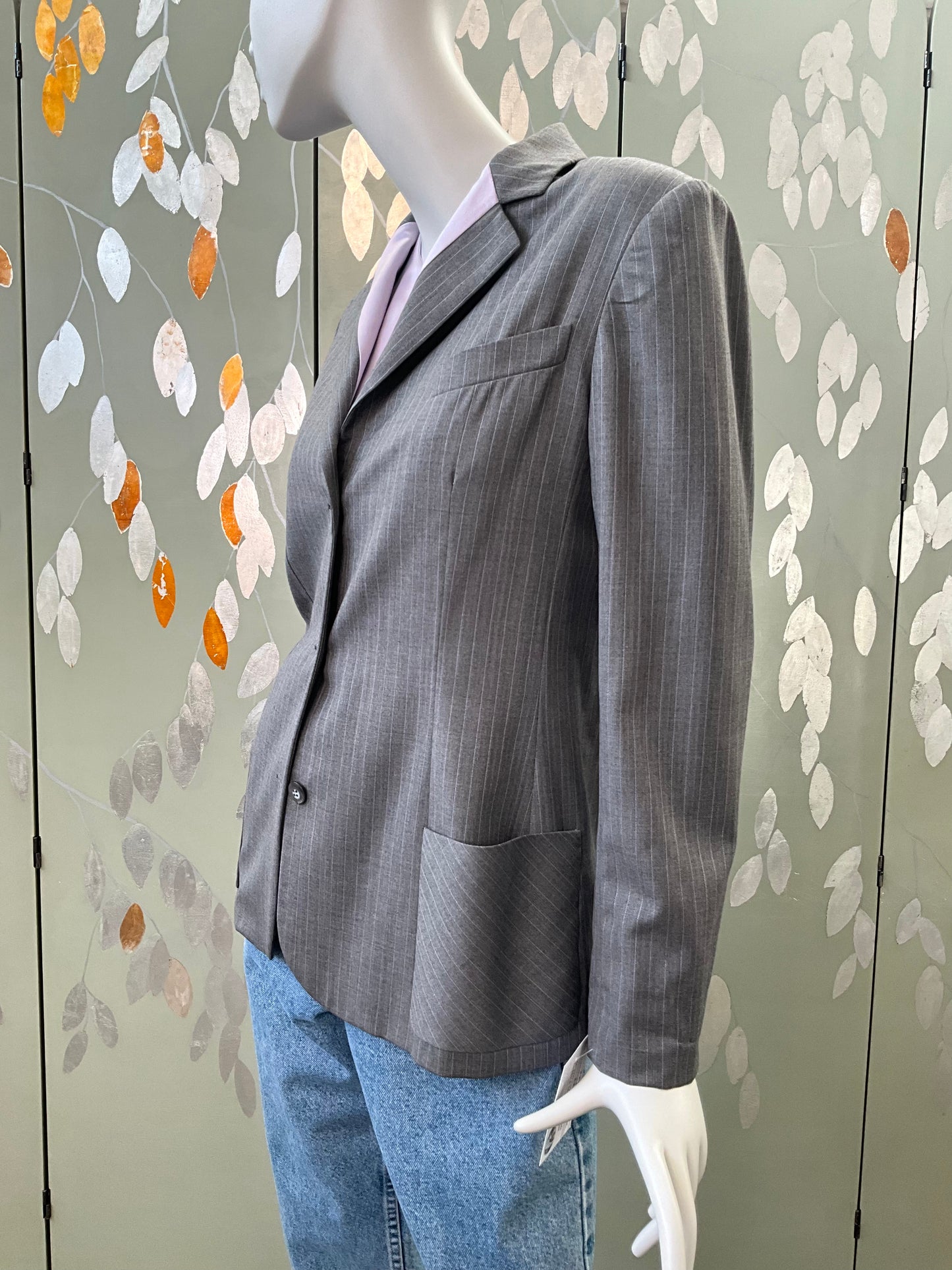 Vintage 1990s Bill Blass Grey Pinstripe Blazer & Lilac Satin Bib, Large 