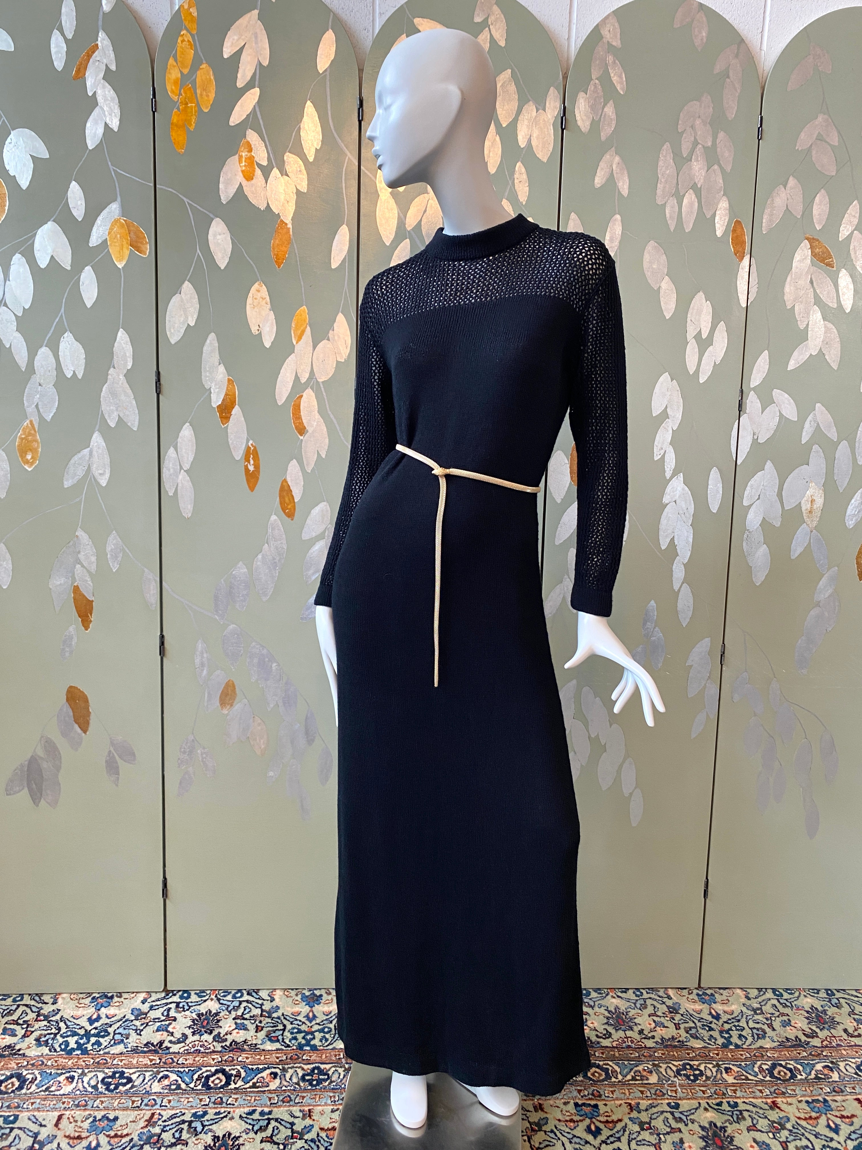 Vintage 1970s Black Knit Maxi Dress, Medium