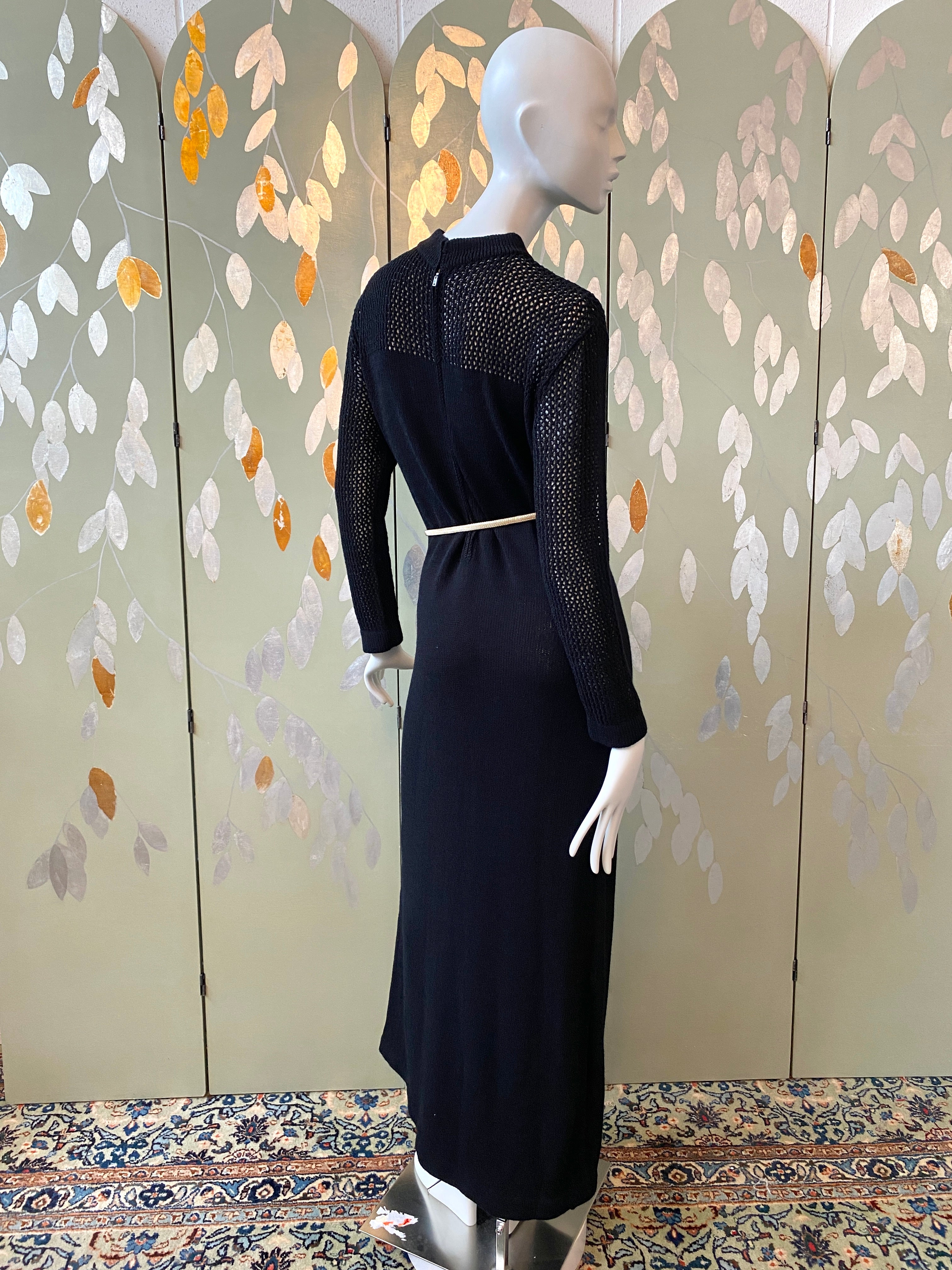 Vintage 1970’s black double knit full flounce neckline maxi dress shops by Rontini, black 70s maxi dress