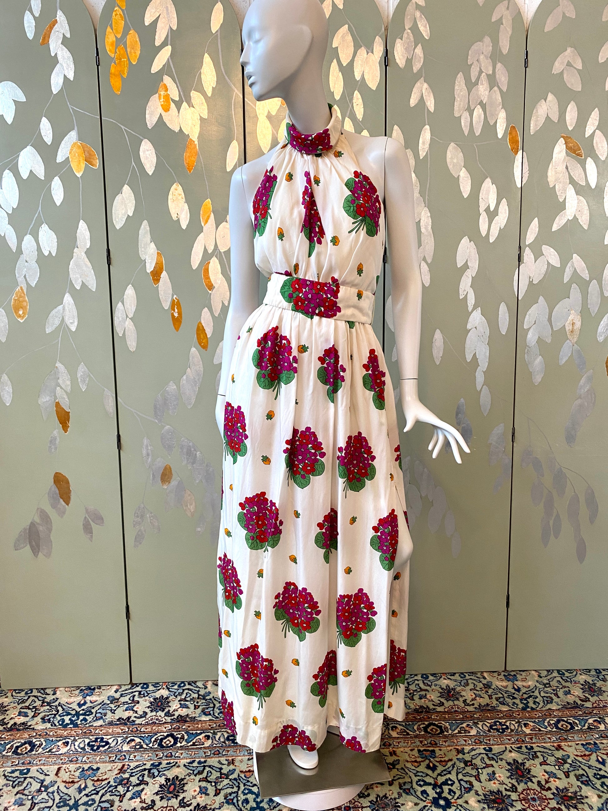 Vintage 1970s Floral Halter Maxi Dress, Small 