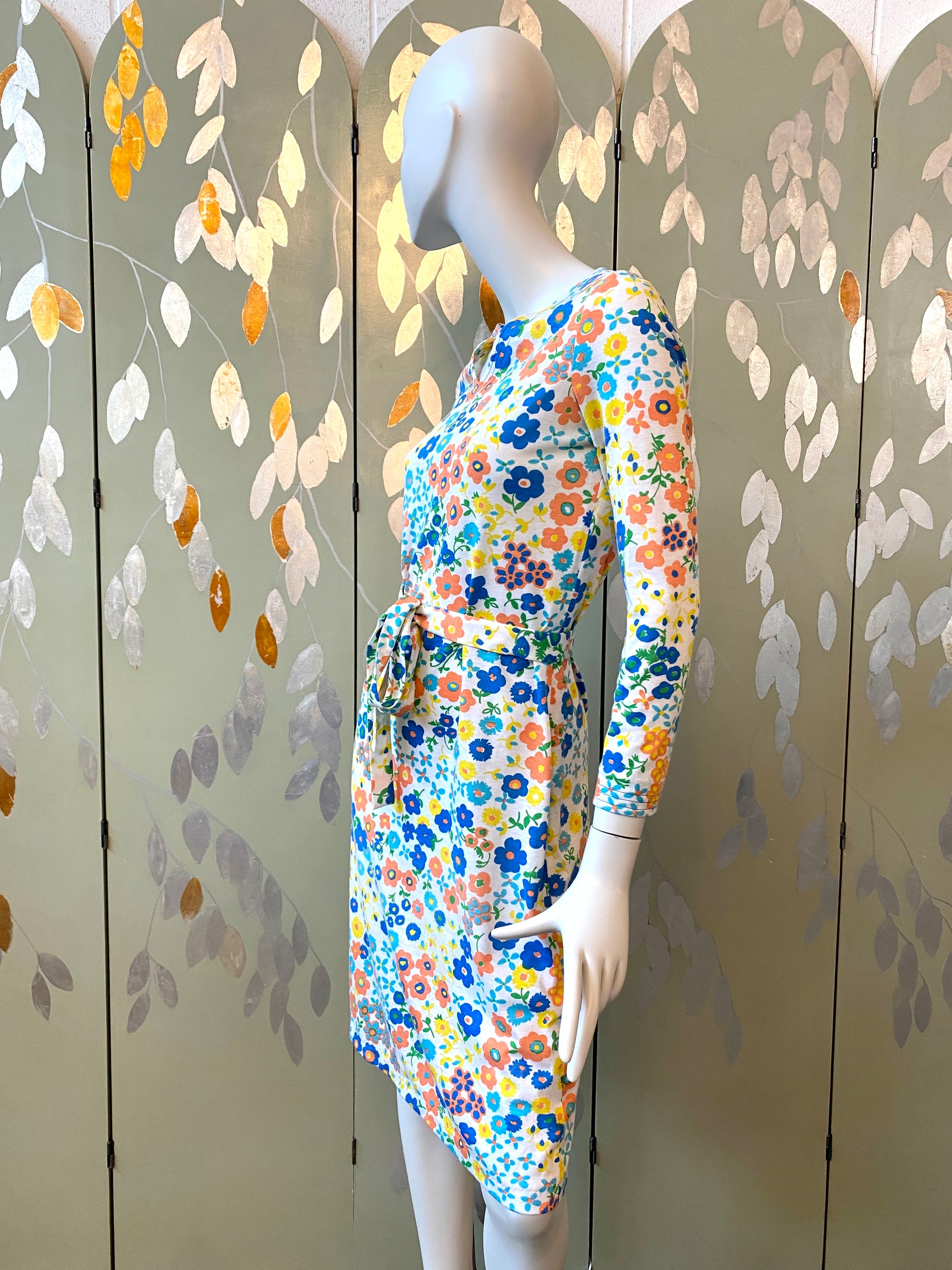 Vintage 1970s Floral Jersey Dress with Belt, S-M