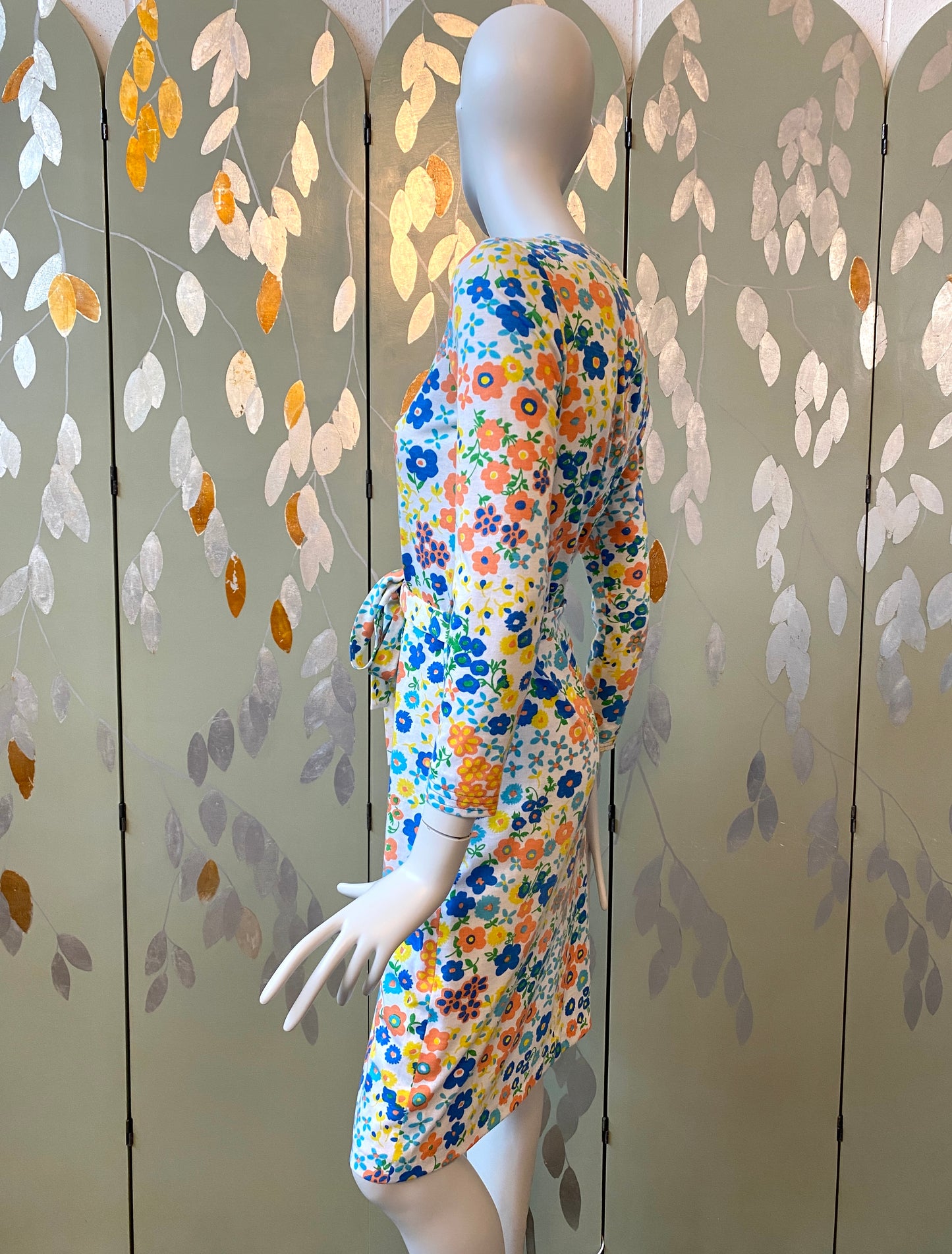 Vintage 1970s Floral Jersey Dress with Belt, S-M