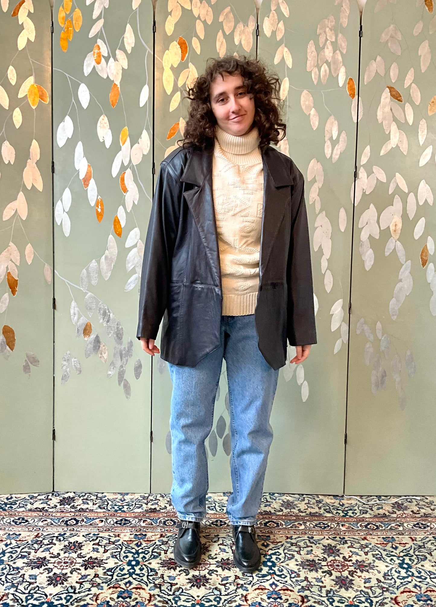 Vintage 1980s Black Leather Double Breast Blazer, Medium