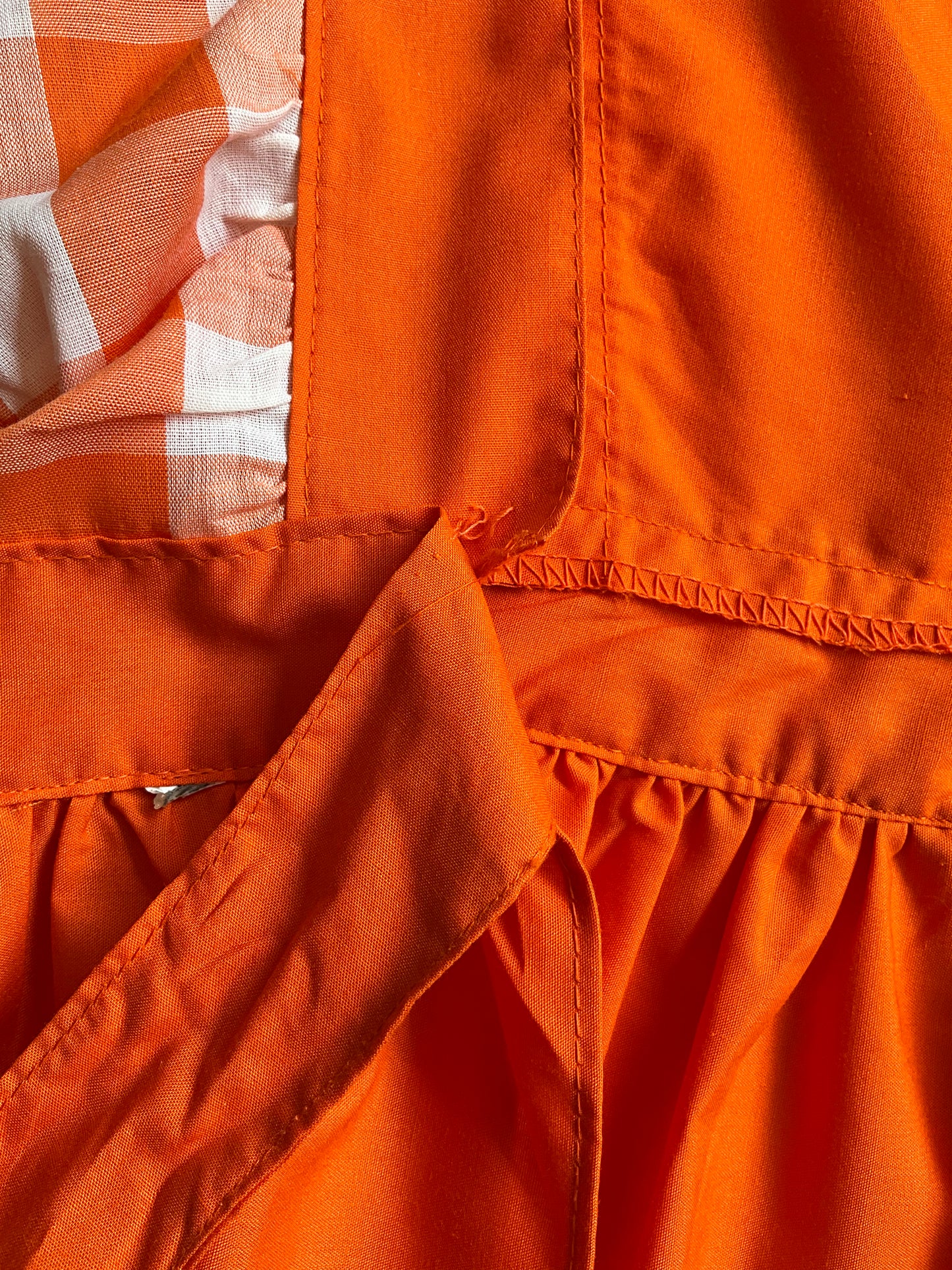 Vintage 1970s Orange Gingham Pinafore Apron with Ruffles, Medium