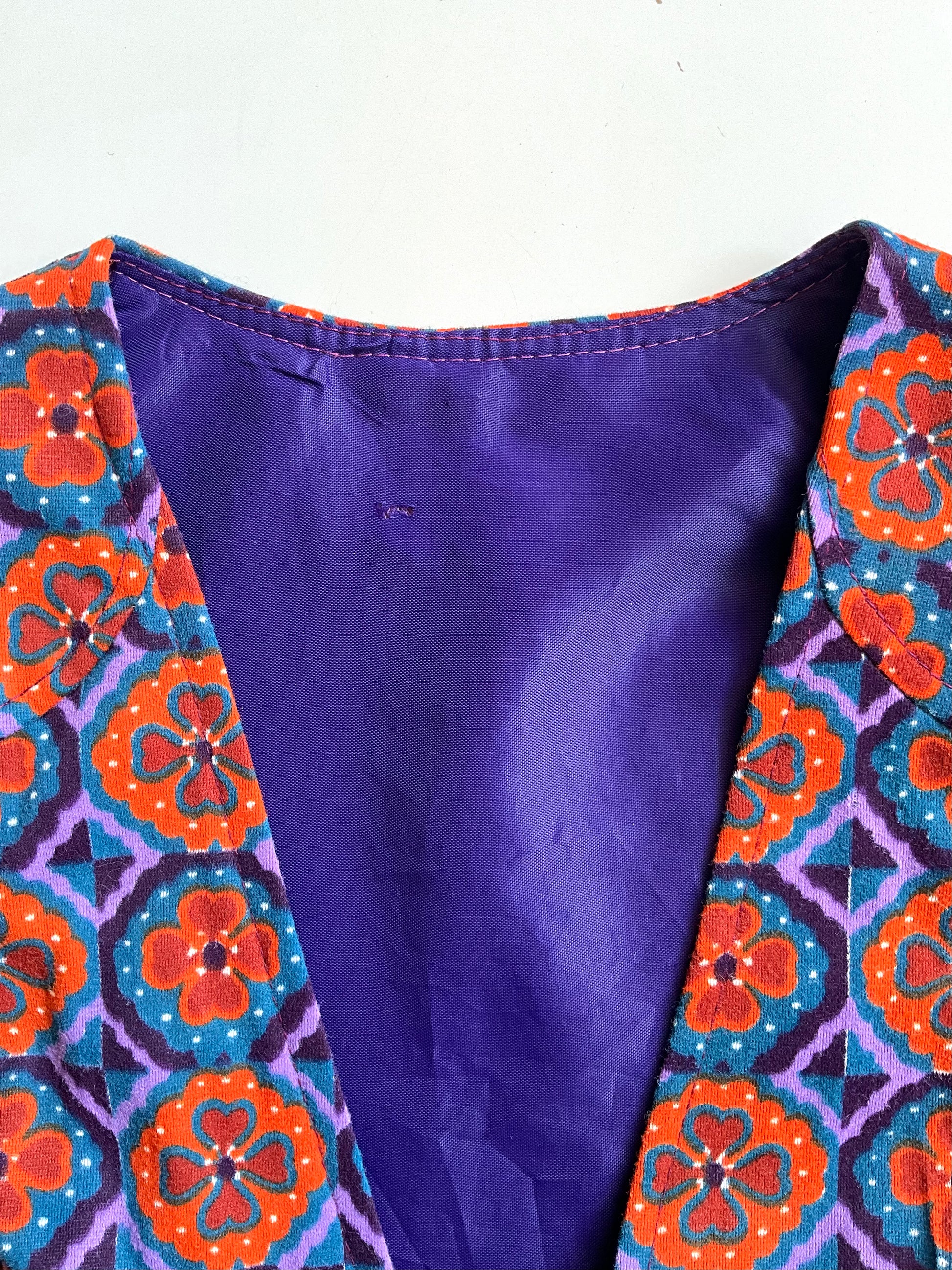 Vintage 1970s Purple and Orange Patterned Long Sleeve Lace-Up Front Maxi Dress, Small