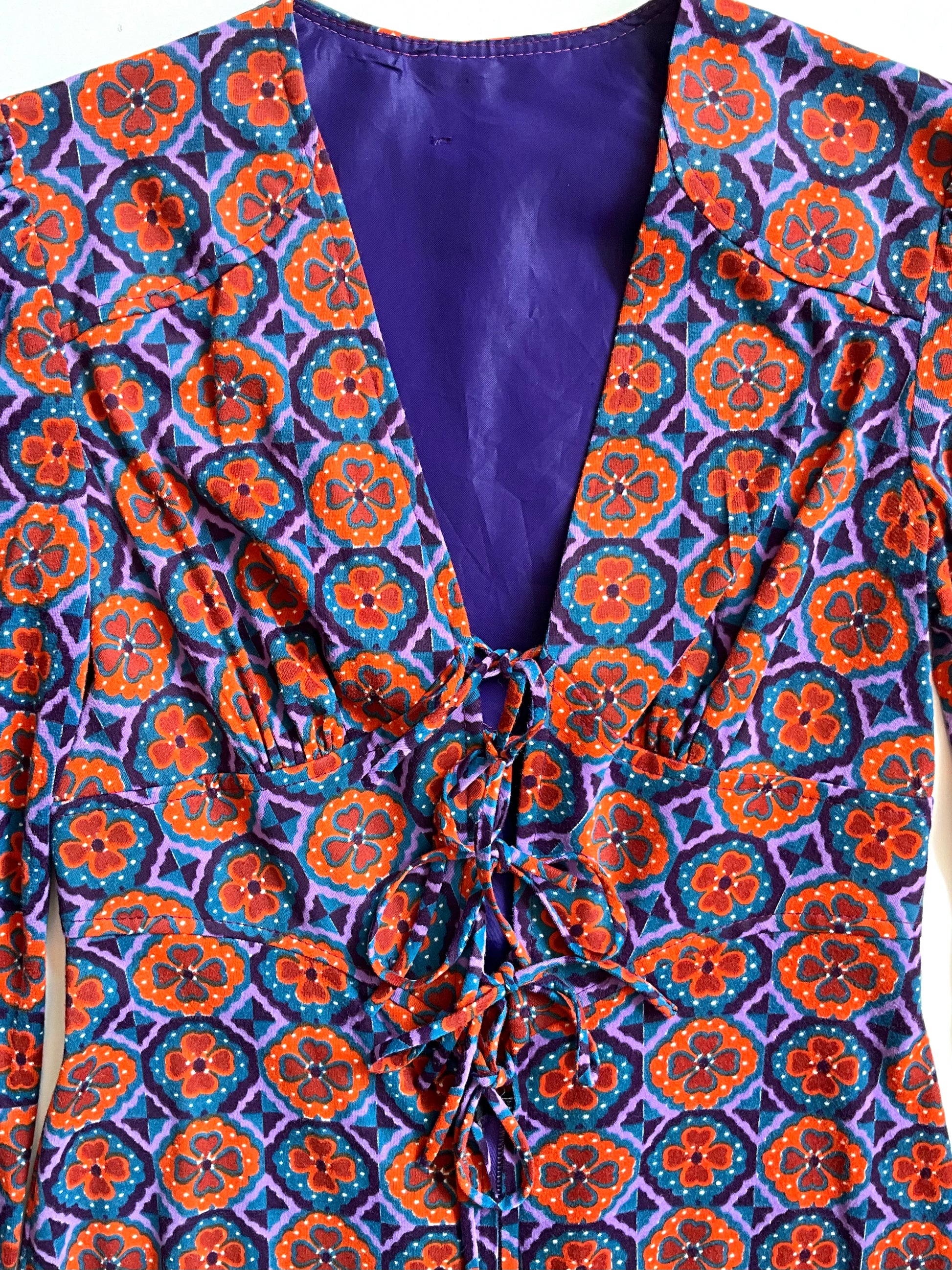 Vintage 1970s Purple and Orange Patterned Long Sleeve Lace-Up Front Maxi Dress, Small